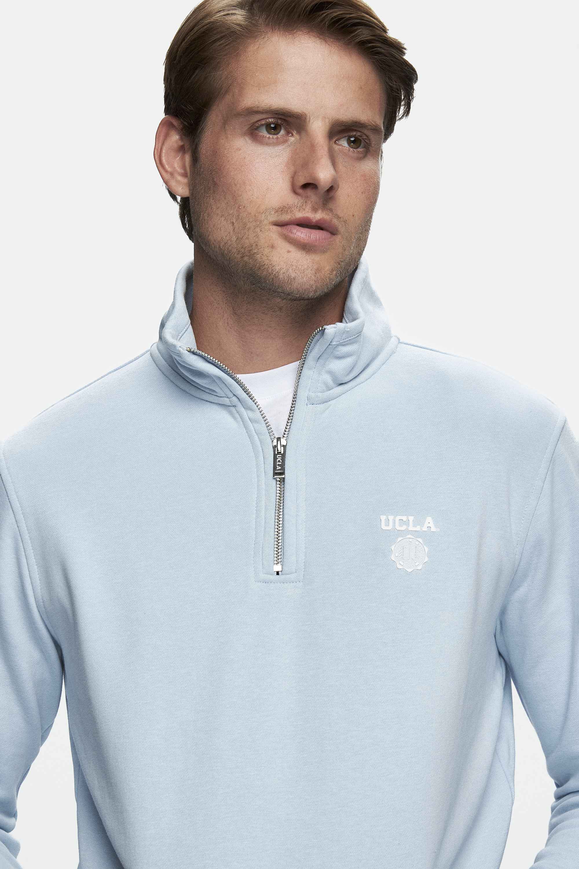 LEON Mavi Yarım Fermuar Baskılı Dik Yaka Standard Fit Erkek Sweatshirt