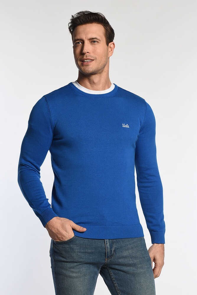 MENTO Mavi Bisiklet Yaka Nakışlı Slim Fit Erkek Triko
