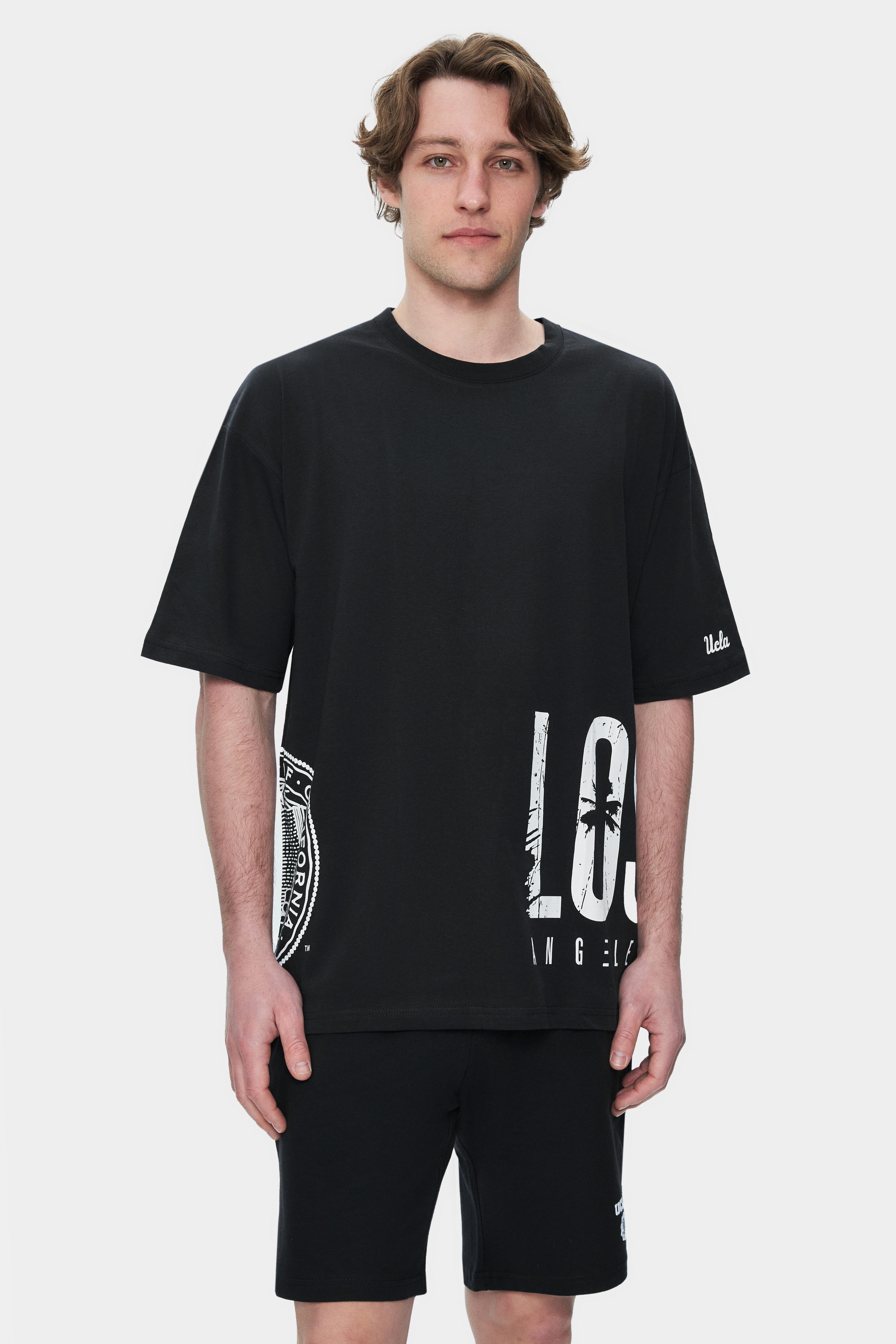 IGNISO Siyah Bisiklet Yaka Baskılı Oversize Erkek Tshirt