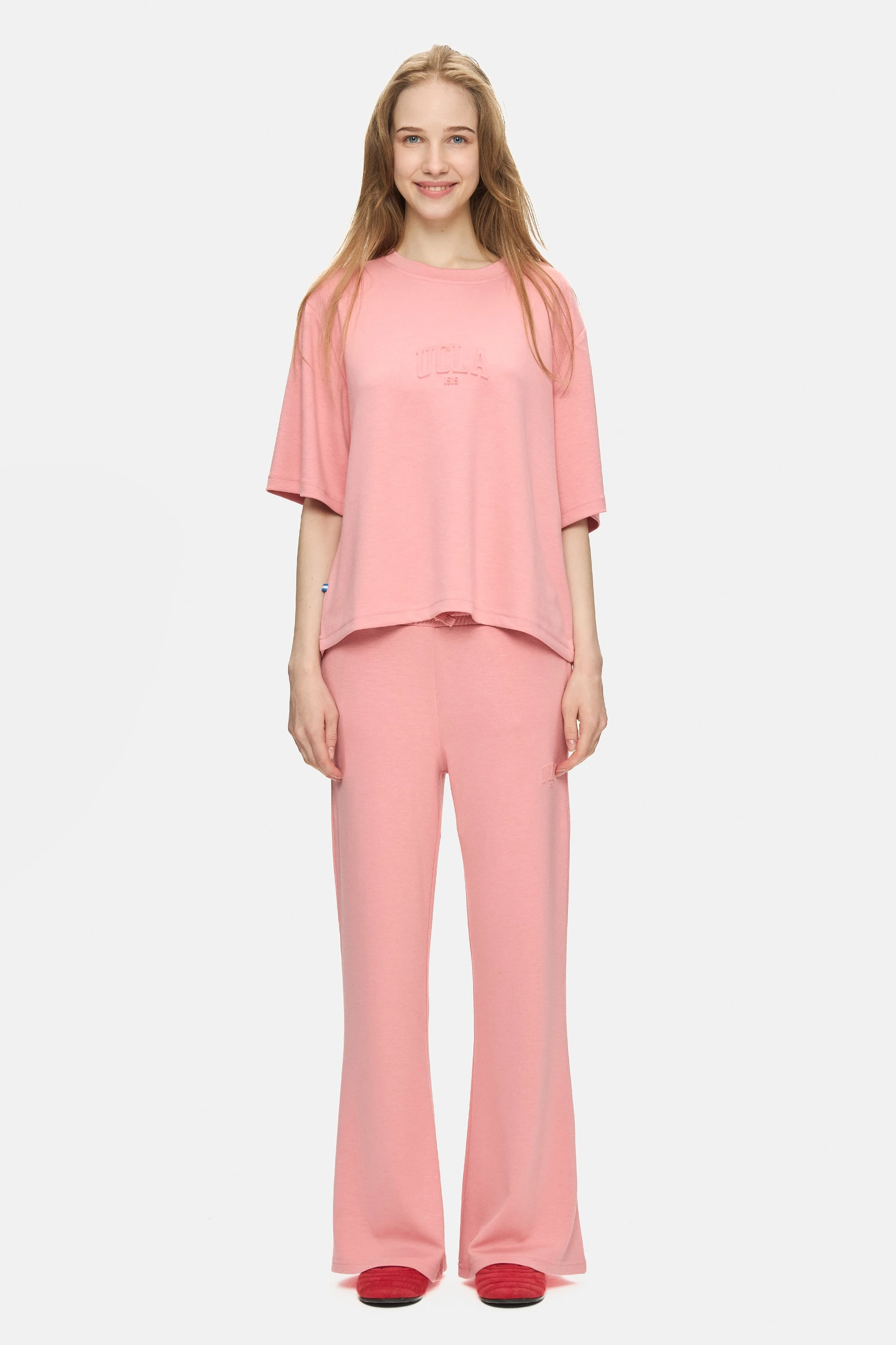 URANIA Pembe İspanyol Paça Gofre Baskı Loose Fit Kadın Eşofman Altı