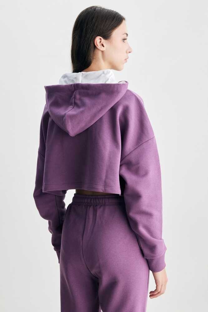 SAUSA Mor Kapüşonlu Baskılı Oversize Kadın Sweatshirt