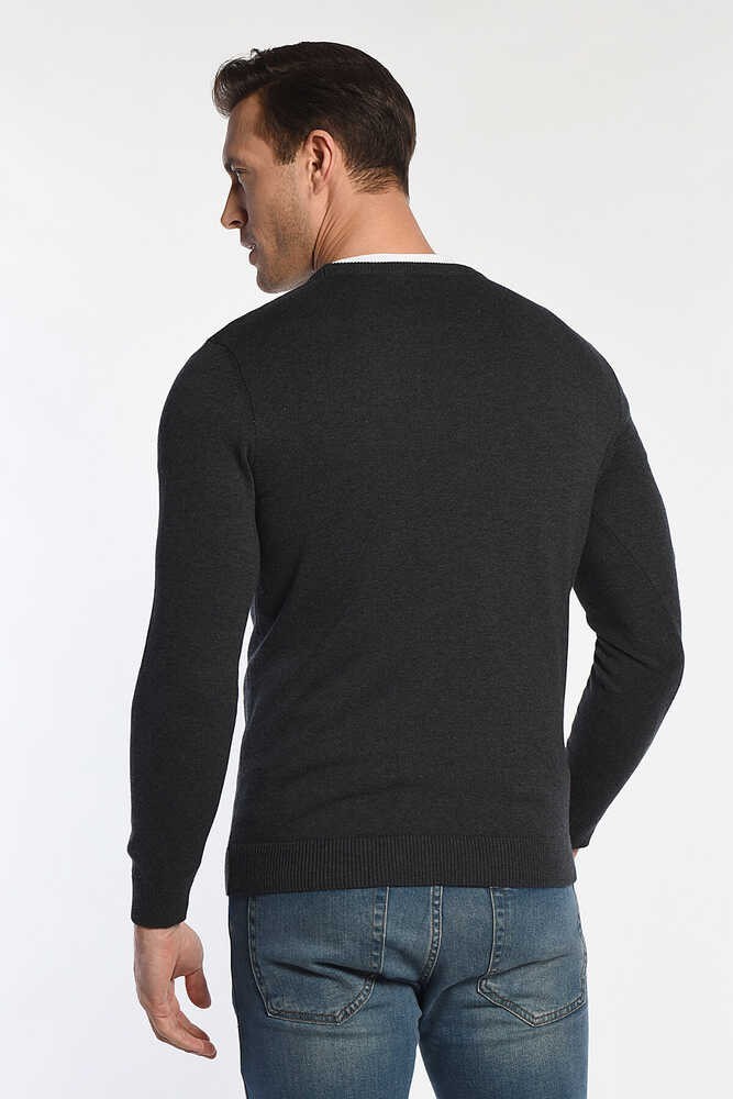 MENTO Koyu Gri Bisiklet Yaka Nakışlı Slim Fit Erkek Triko