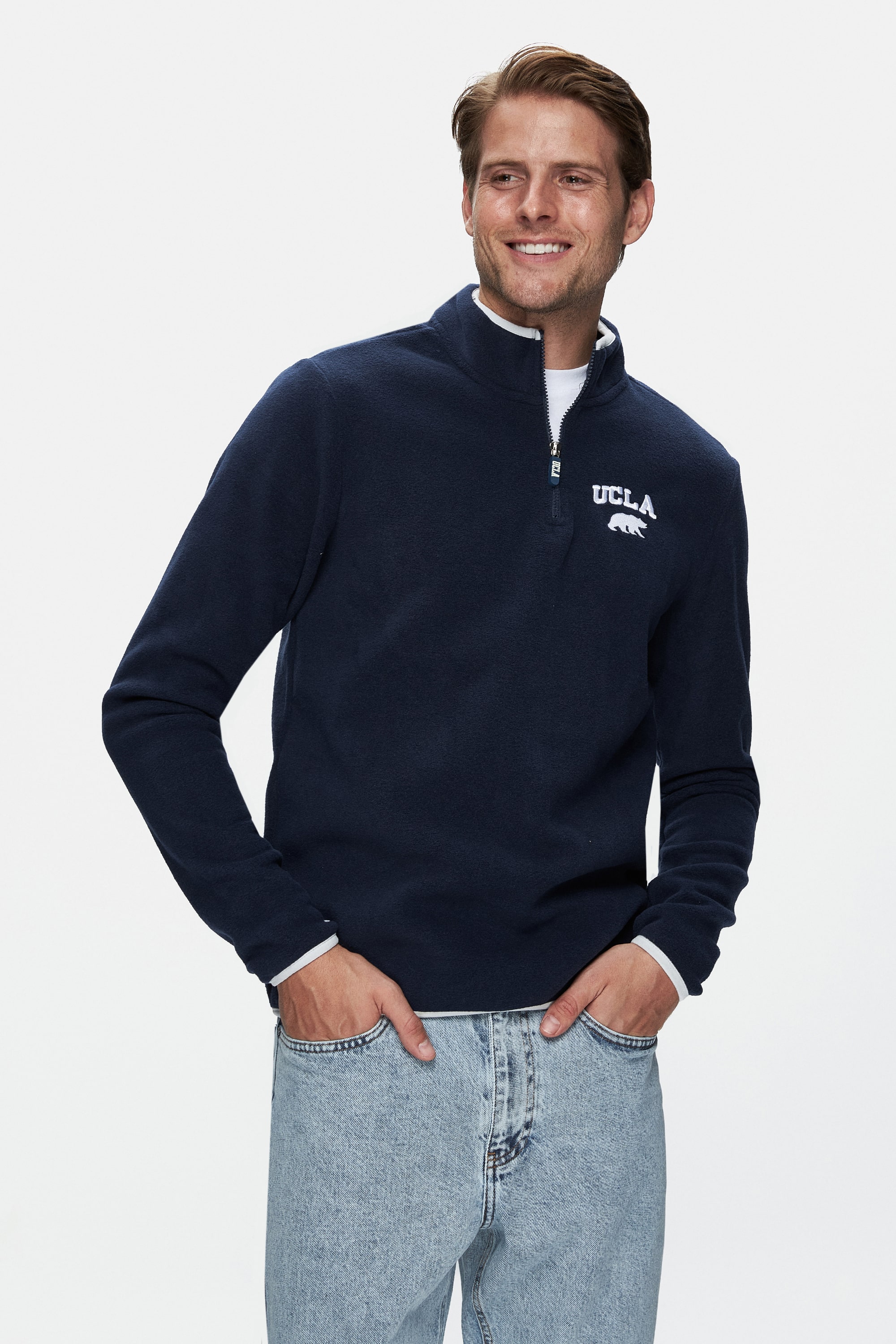 CORNING Koyu Lacivert Yarım Fermuarlı Nakışlı Polar Dik Yaka Standard Fit Erkek Sweatshirt
