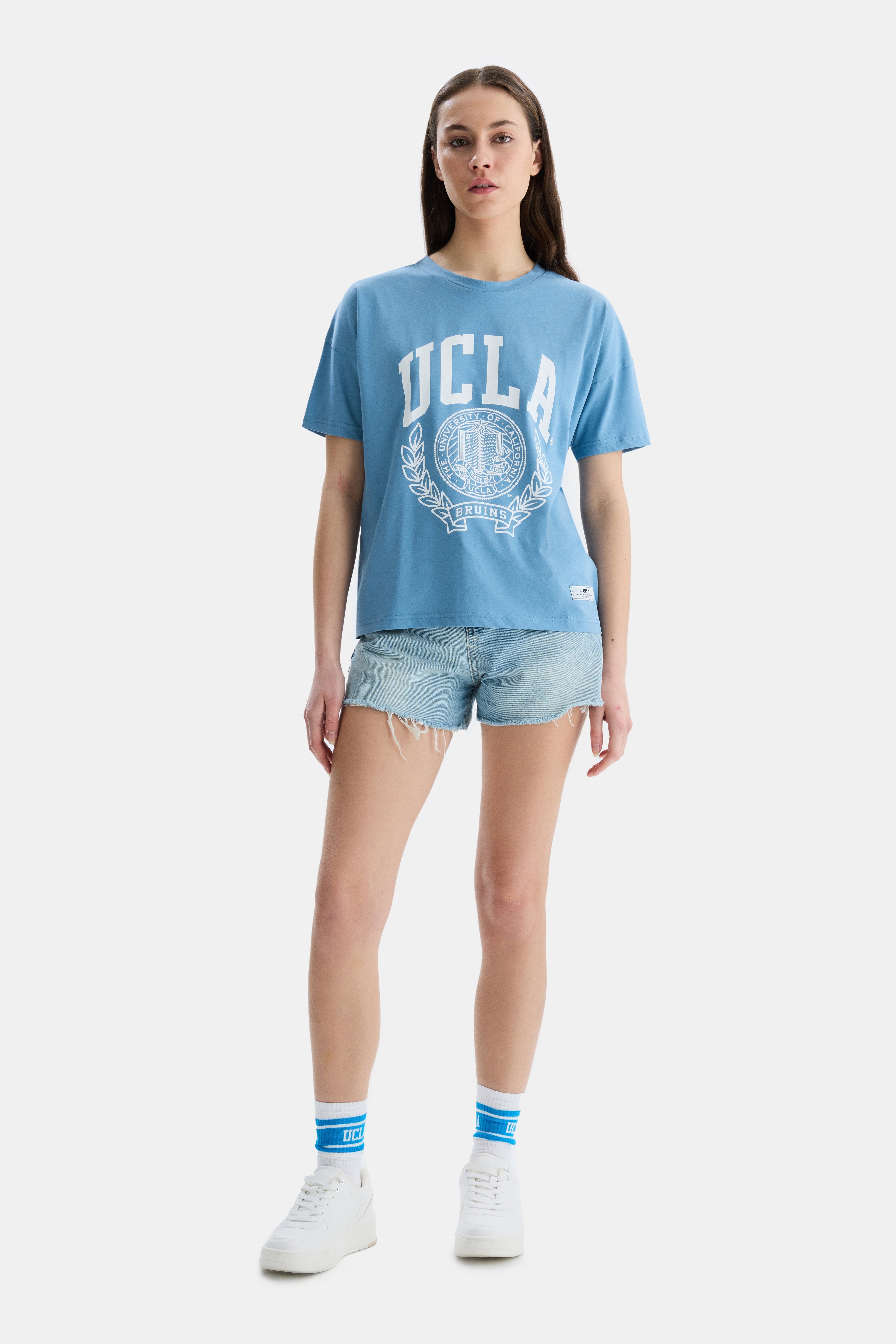 AVALON Mavi Bisiklet Yaka Baskılı Oversize Kadın Tshirt