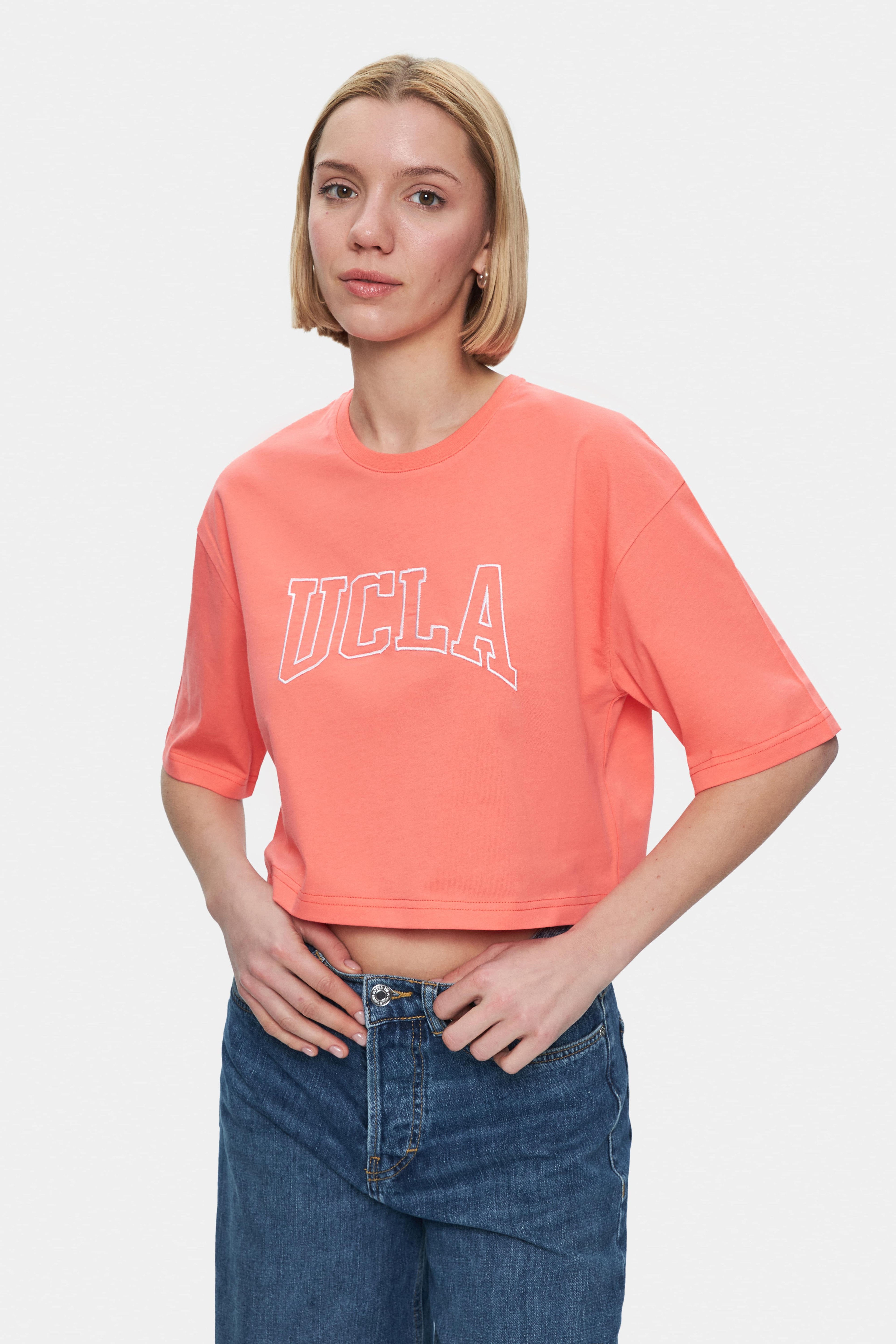 HELENA Sıcak Pembe Bisiklet Yaka Nakışlı Oversize Kadın Tshirt