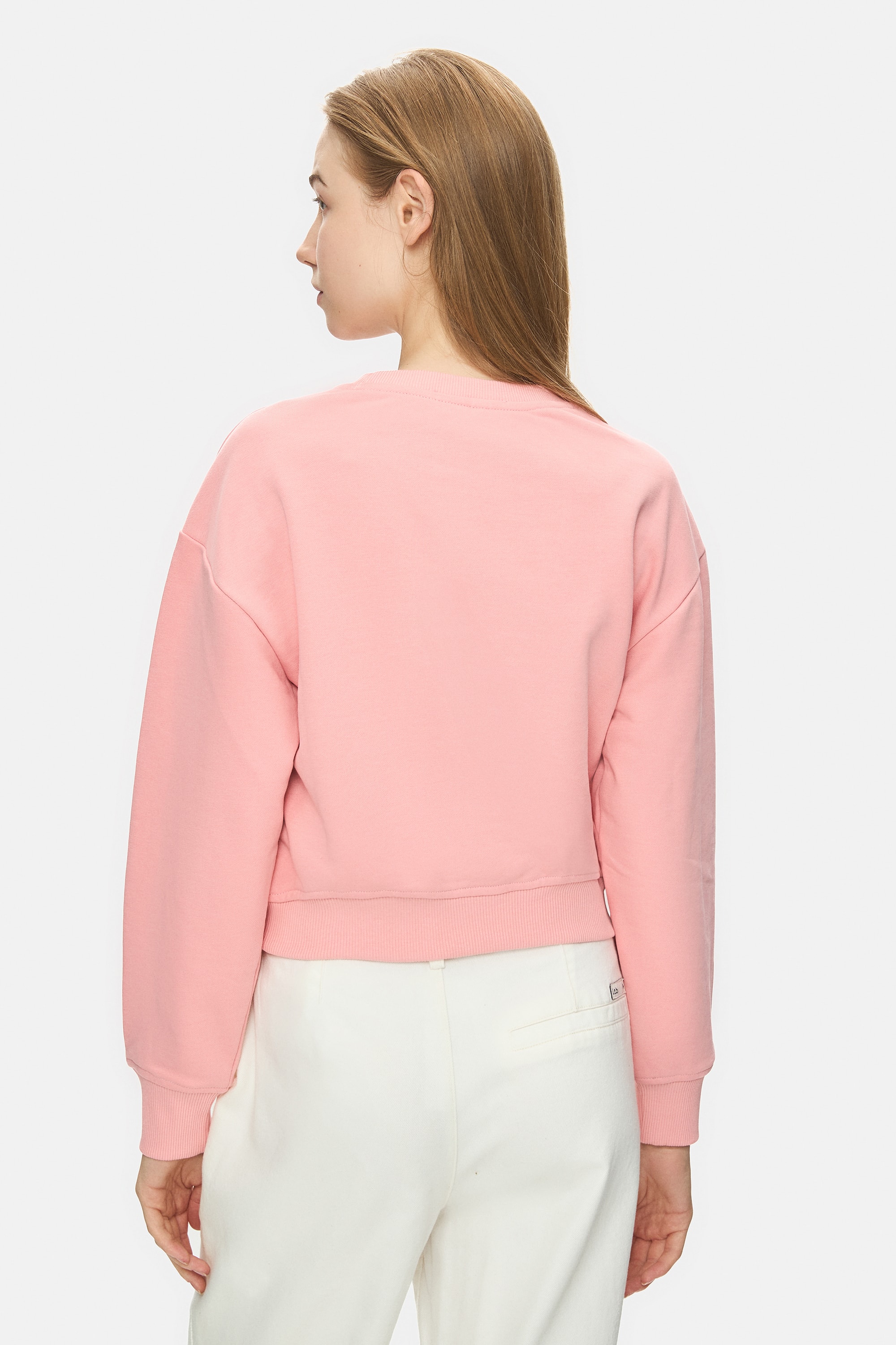 MELLO Pembe Bisiklet Yaka Crop Baskılı Loose Fit Kadın Sweatshirt