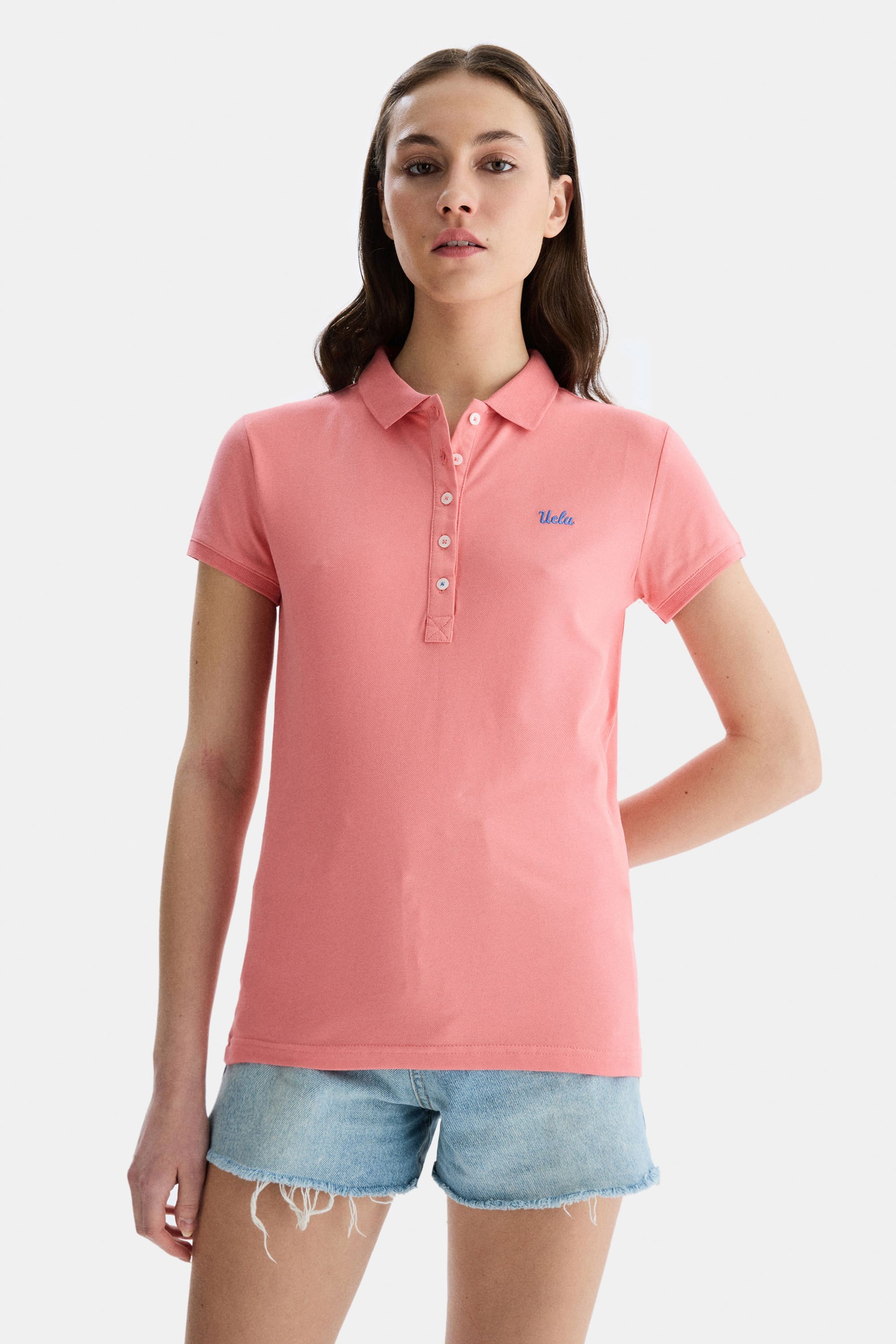 SHAVER Pembe Polo Yaka Nakışlı Standard Fit Kadın Tshirt