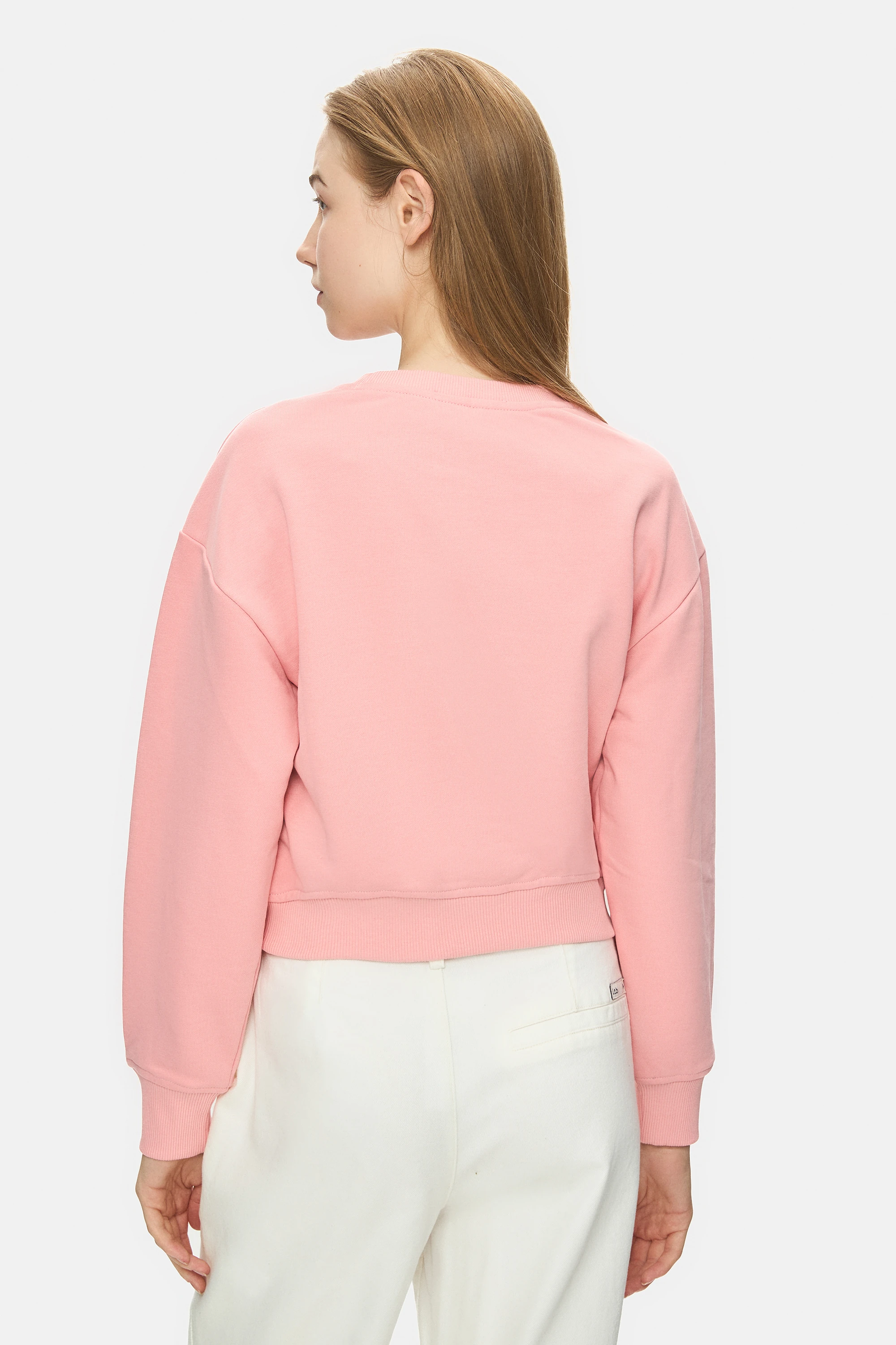 MELLO Pembe Bisiklet Yaka Crop Baskılı Loose Fit Kadın Sweatshirt