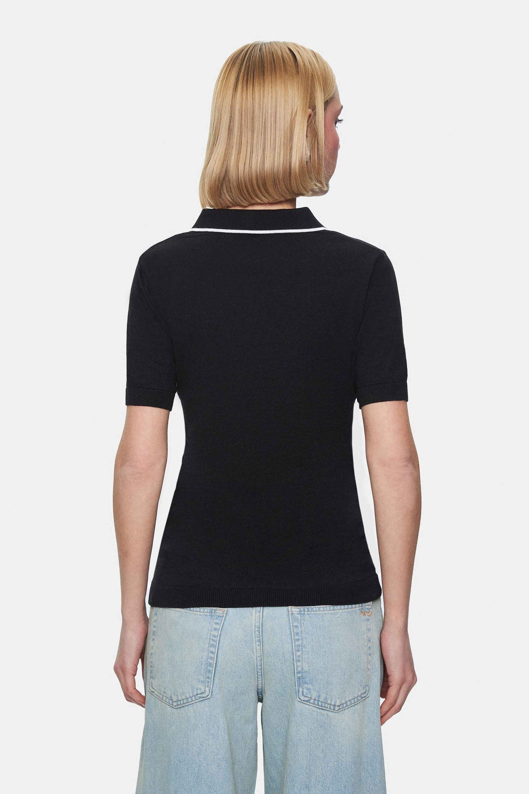 SASHA Siyah Polo Yaka Triko Nakışlı Standard Fit Kadın Tshirt
