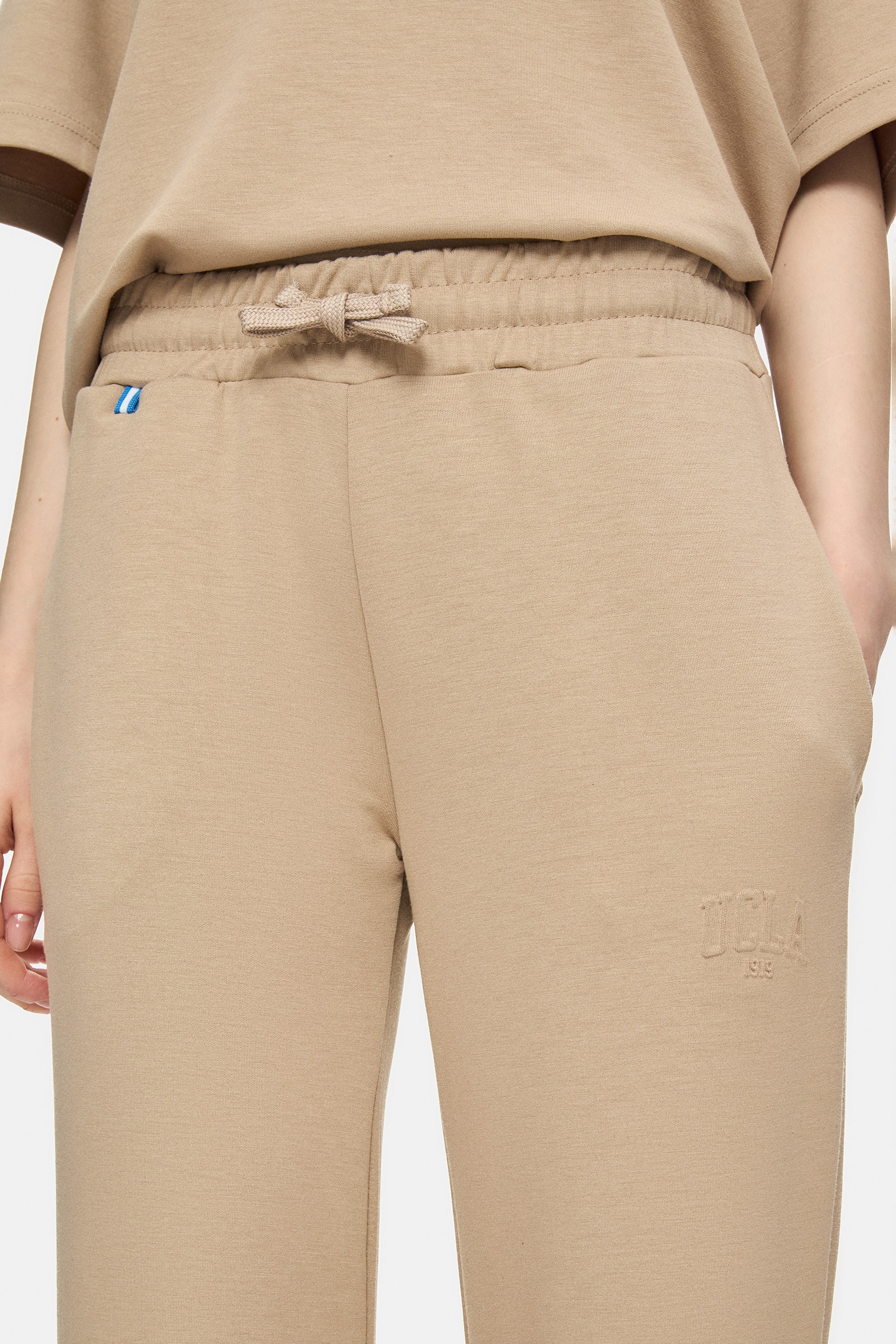 URANIA Koyu Bej İspanyol Paça Gofre Baskılı Modal Kumaş Loose Fit Kadın Eşofman Altı