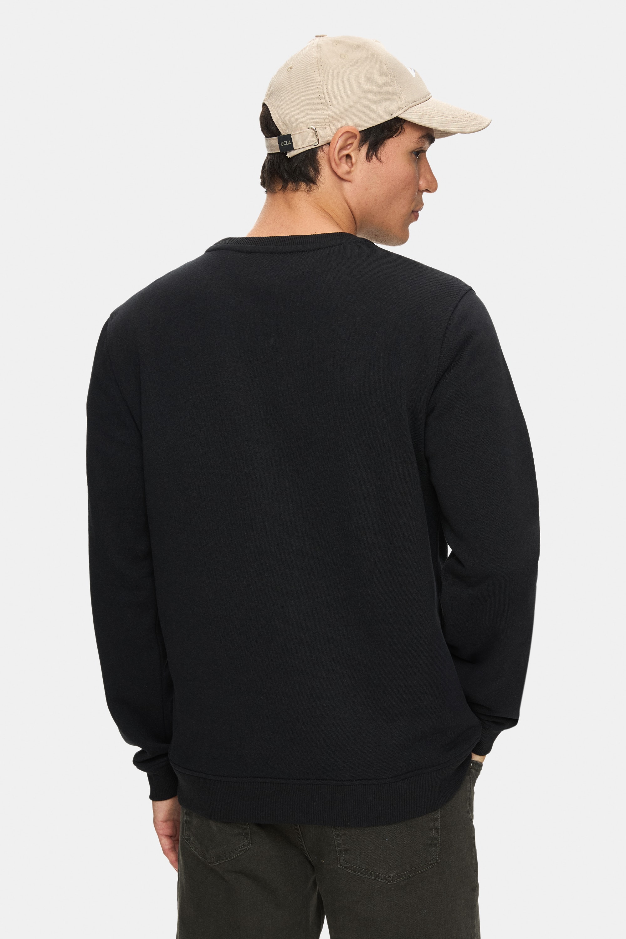 MATTY Siyah Bisiklet Yaka Ekose Nakışlı Loose Fit Erkek Sweatshirt