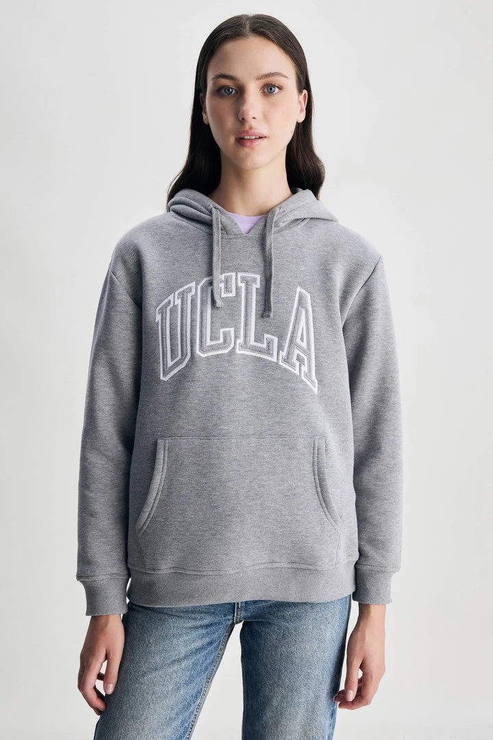 RILEY Gri Kapüşonlu Nakışlı Şardonlu Standard Fit Kadın Sweatshirt