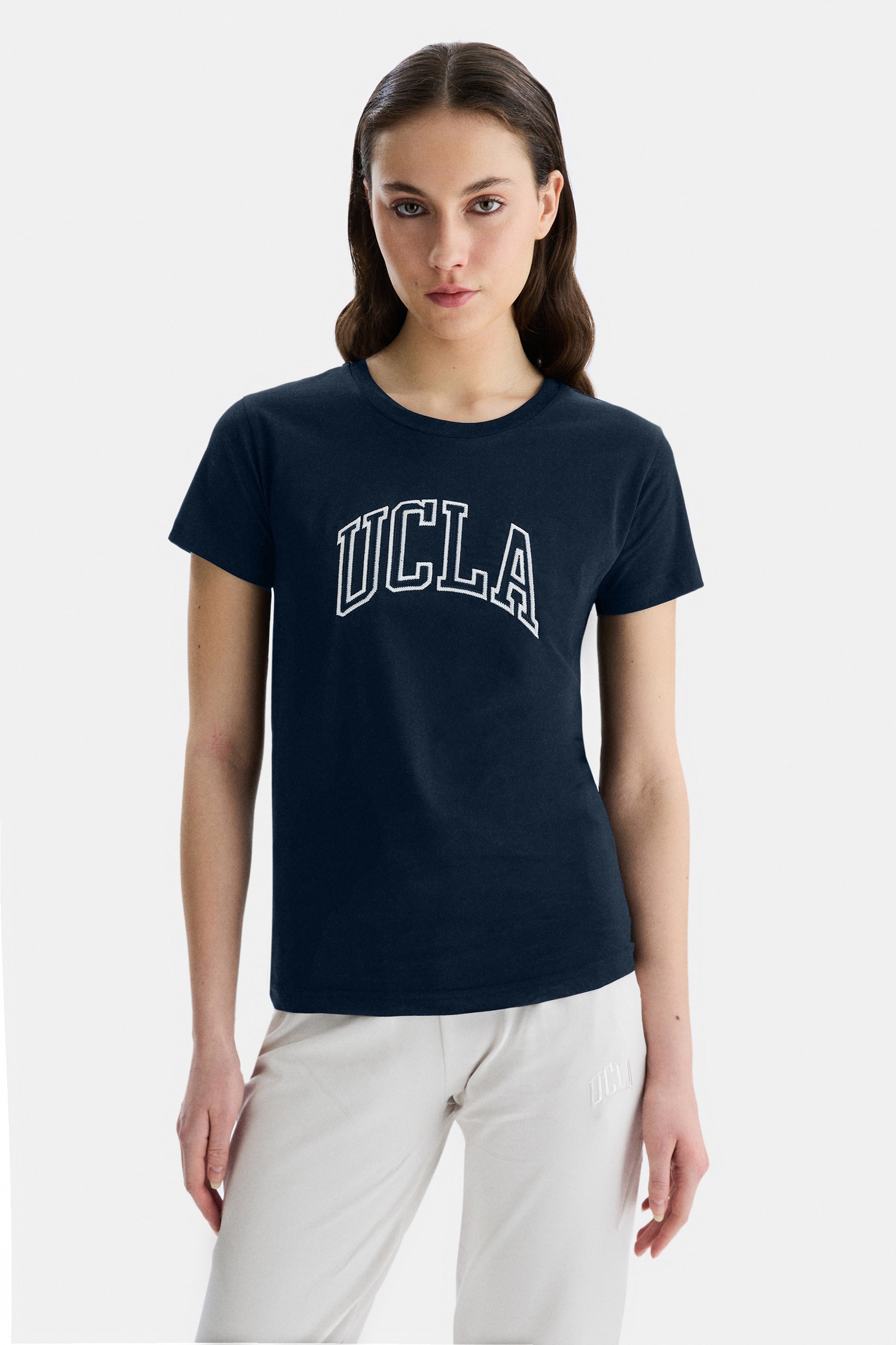 ANGELA LACİVERT BİSİKLET YAKA NAKIŞLI STANDART FİT KADIN T-shirt