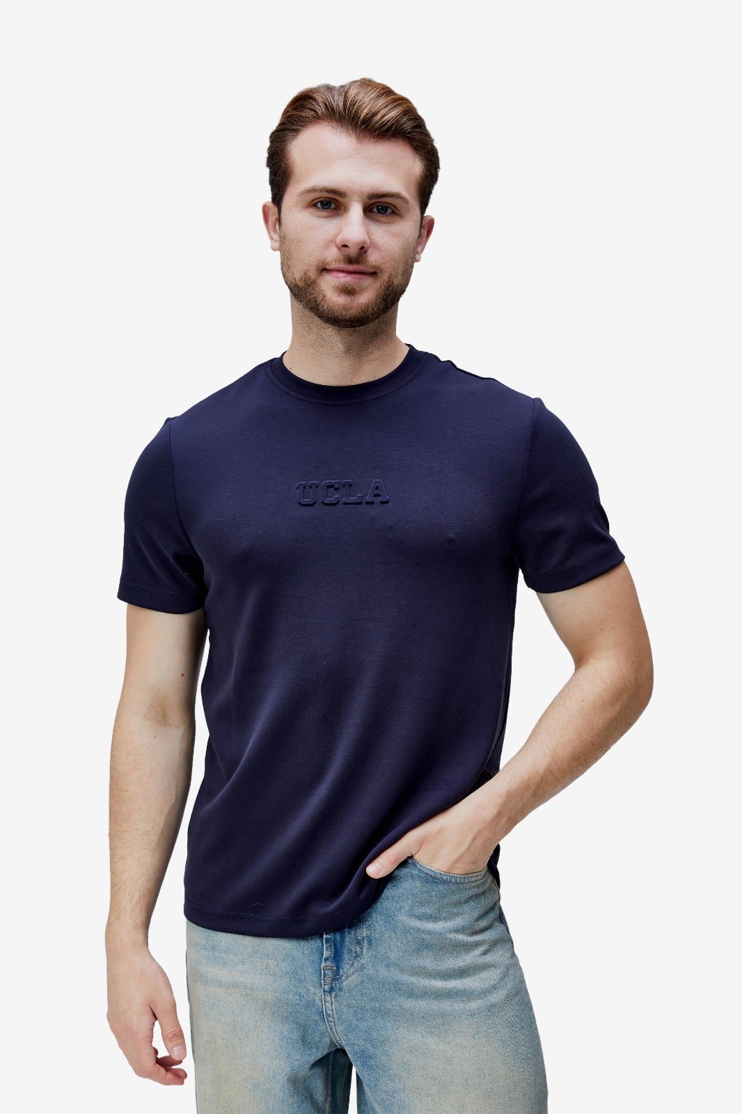 CANARY Lacivert Bisiklet Yaka Gofre Baskılı Modal Kumaş Standard Fit Erkek Tshirt