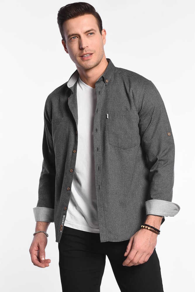 MENDO Koyu Gri Nakışlı Standard Fit Erkek Gömlek