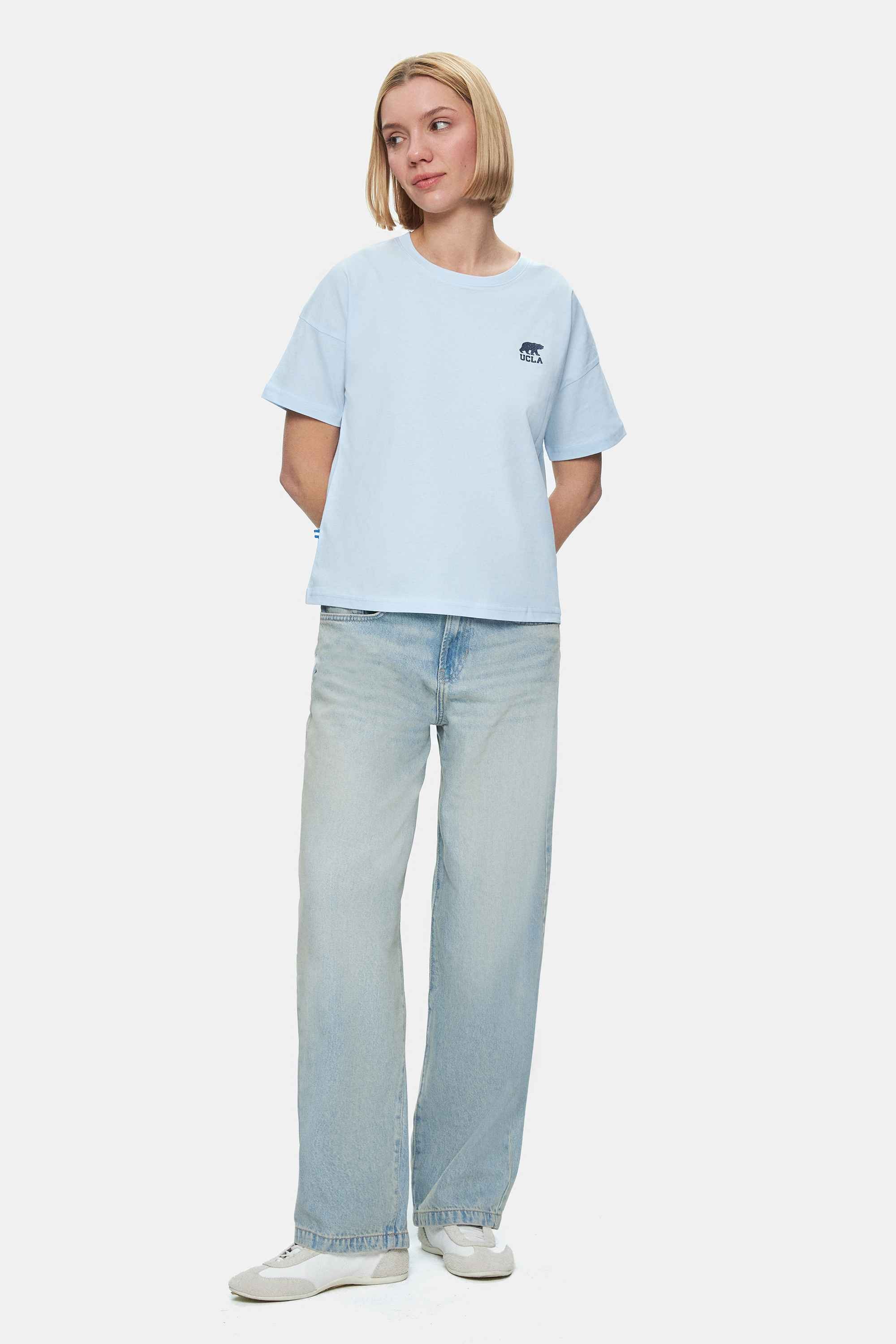 KENZIE Gök Mavi Bisiklet Yaka Baskılı Loose Fit Kadın Tshirt