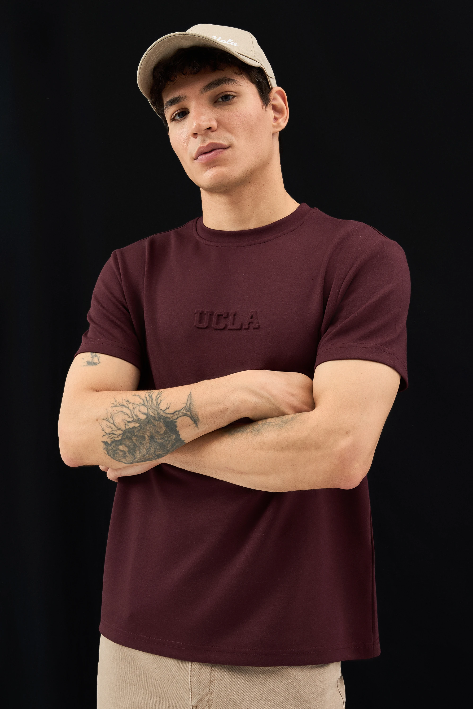 CANARY Bordo Bisiklet Yaka Gofre Baskılı Modal Kumaş Standard Fit Erkek Tshirt