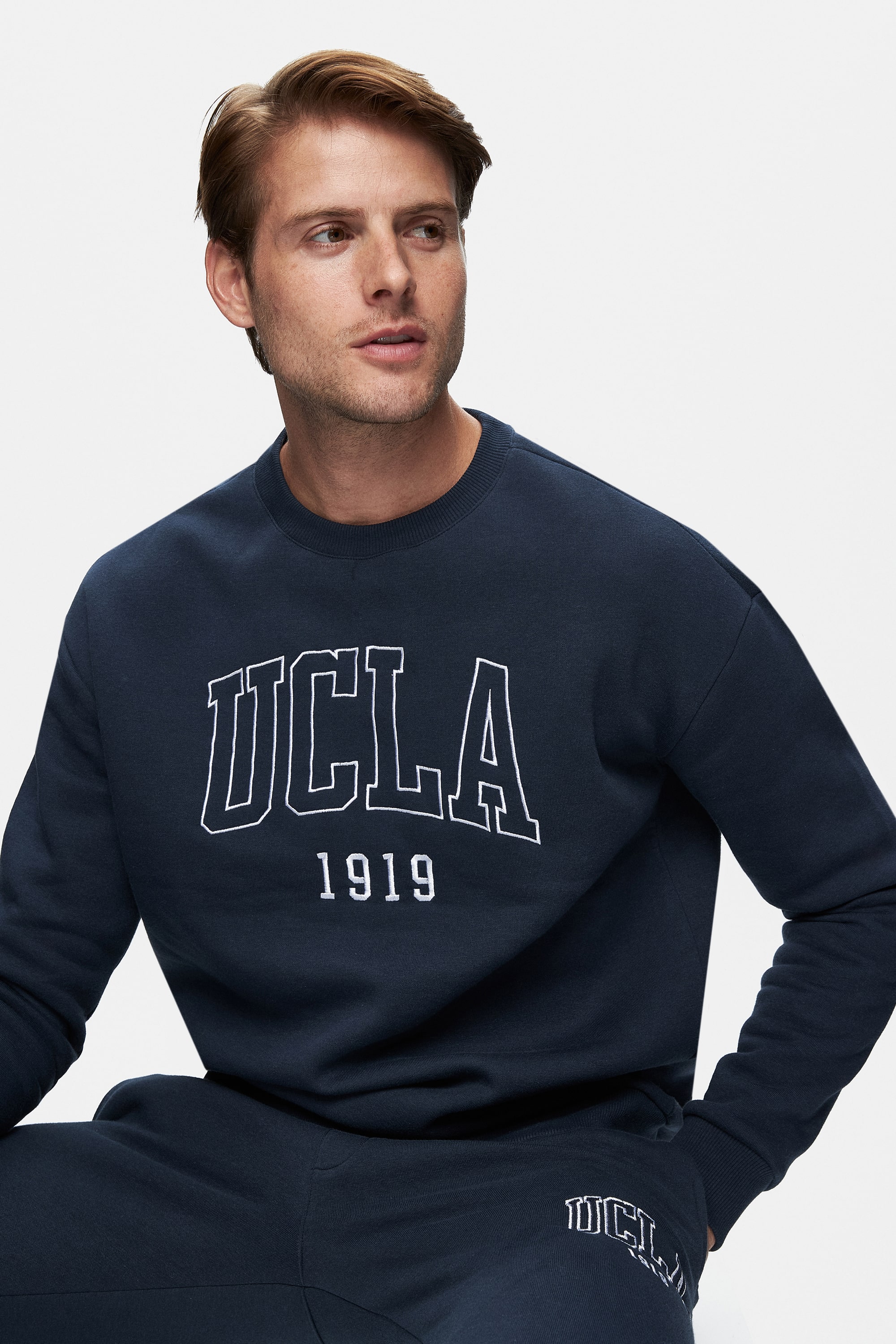 SANDHILL Lacivert Bisiklet Yaka Nakışlı Şardonlu Loose Fit Erkek Sweatshirt