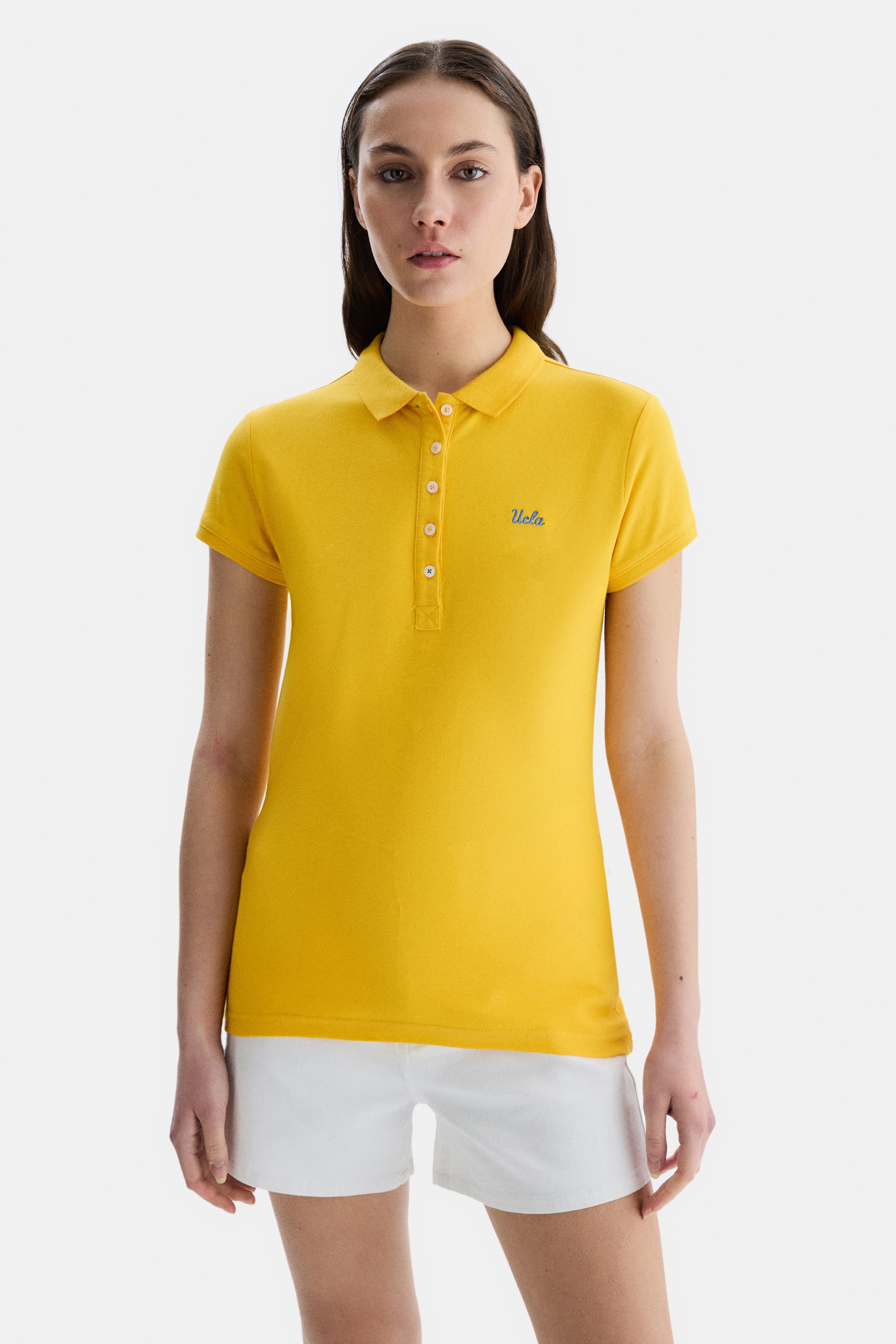 SHAVER Sarı Polo Yaka Nakışlı Standard Fit Kadın Tshirt