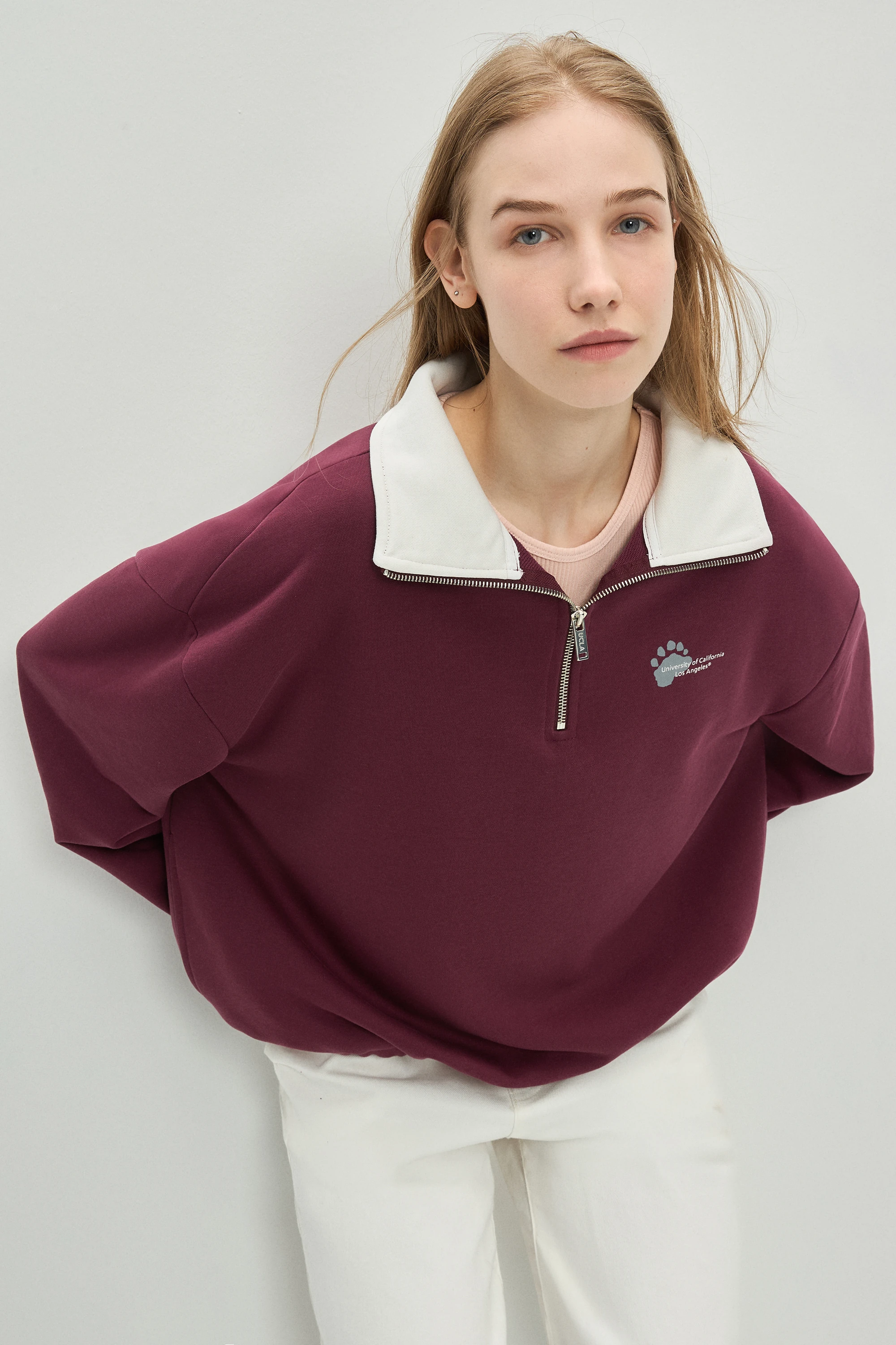 YOKO Bordo Fermuarlı Baskılı Oversize Fit Kadın Sweatshirt