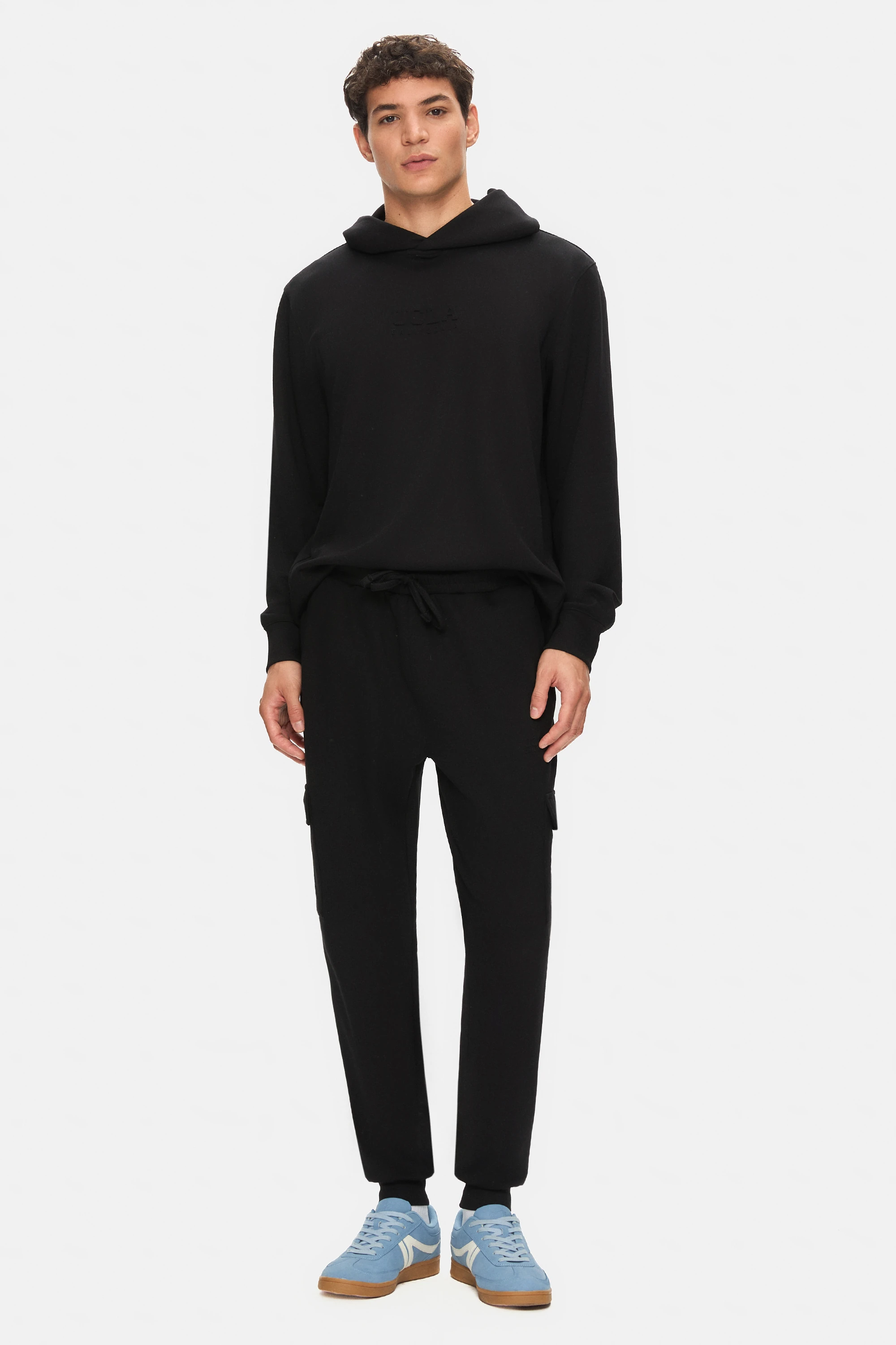 DALEY Siyah Kargo Cepli Gofre Baskı Standard Fit Erkek Eşofman Altı