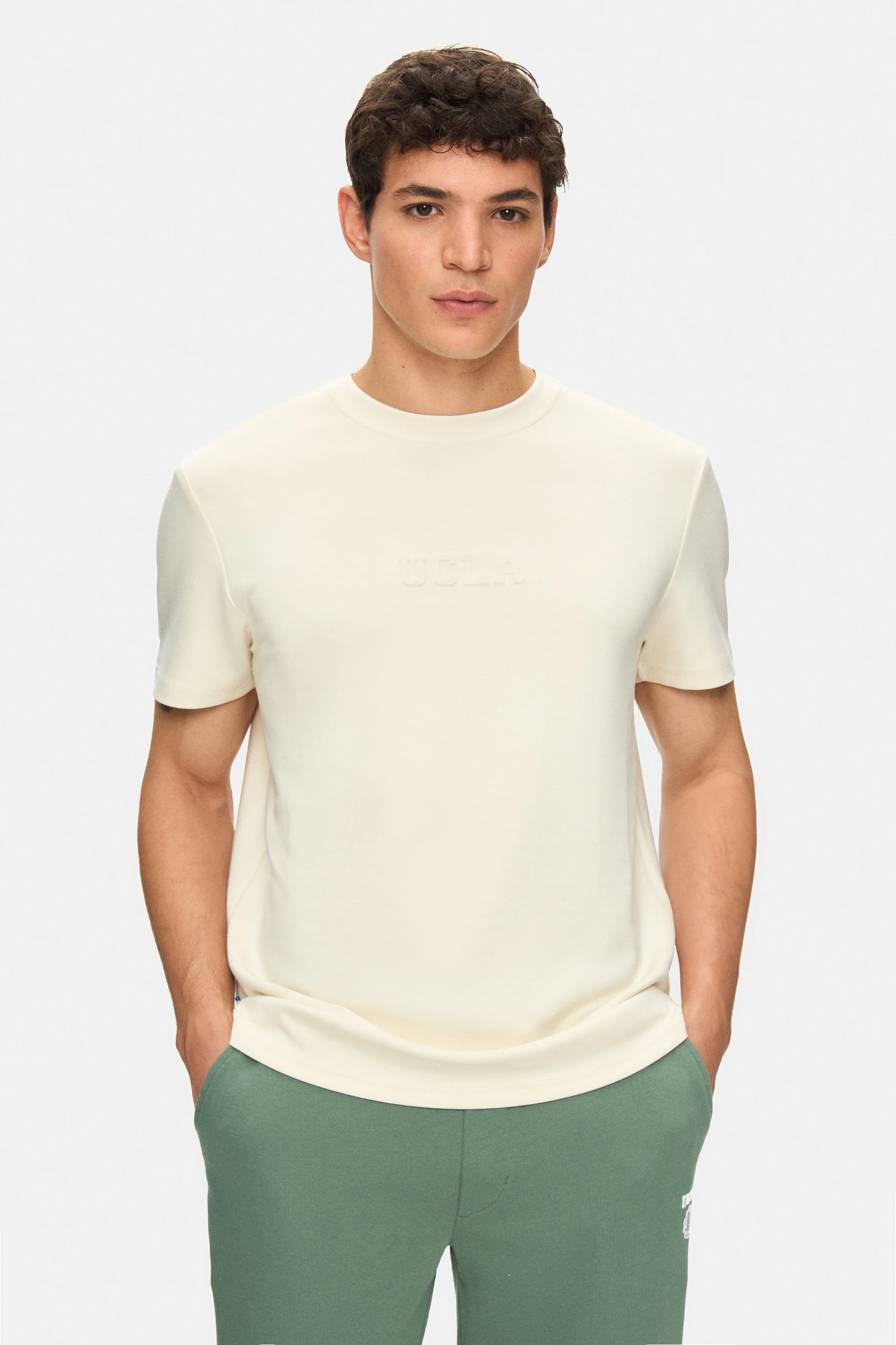 CANARY Kemik Rengi Bisiklet Yaka Gofre Baskılı Modal Kumaş Standard Fit Erkek Tshirt