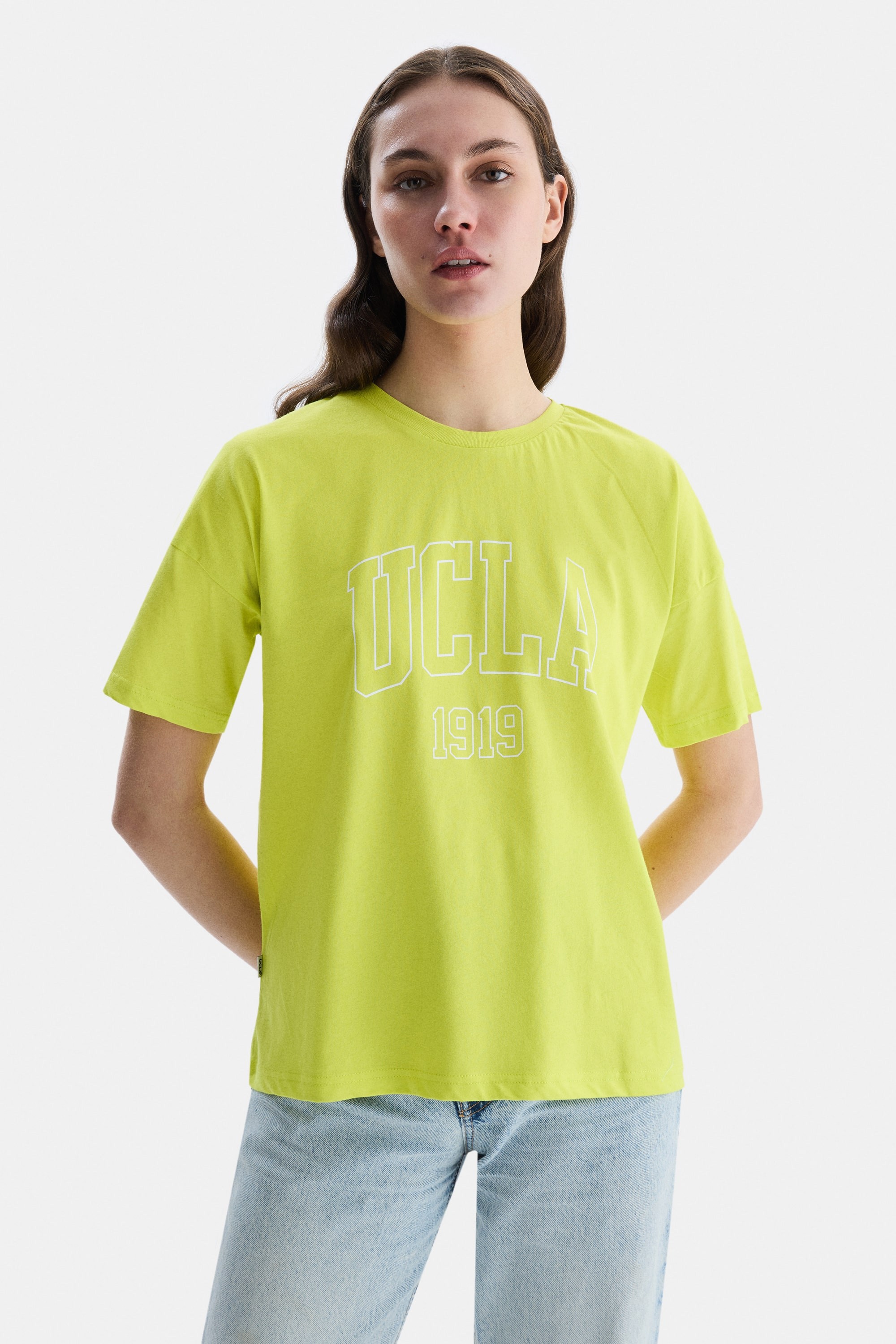 SANCHEZ Sarı Bisiklet Yaka Baskılı Standard Fit Kadın Tshirt
