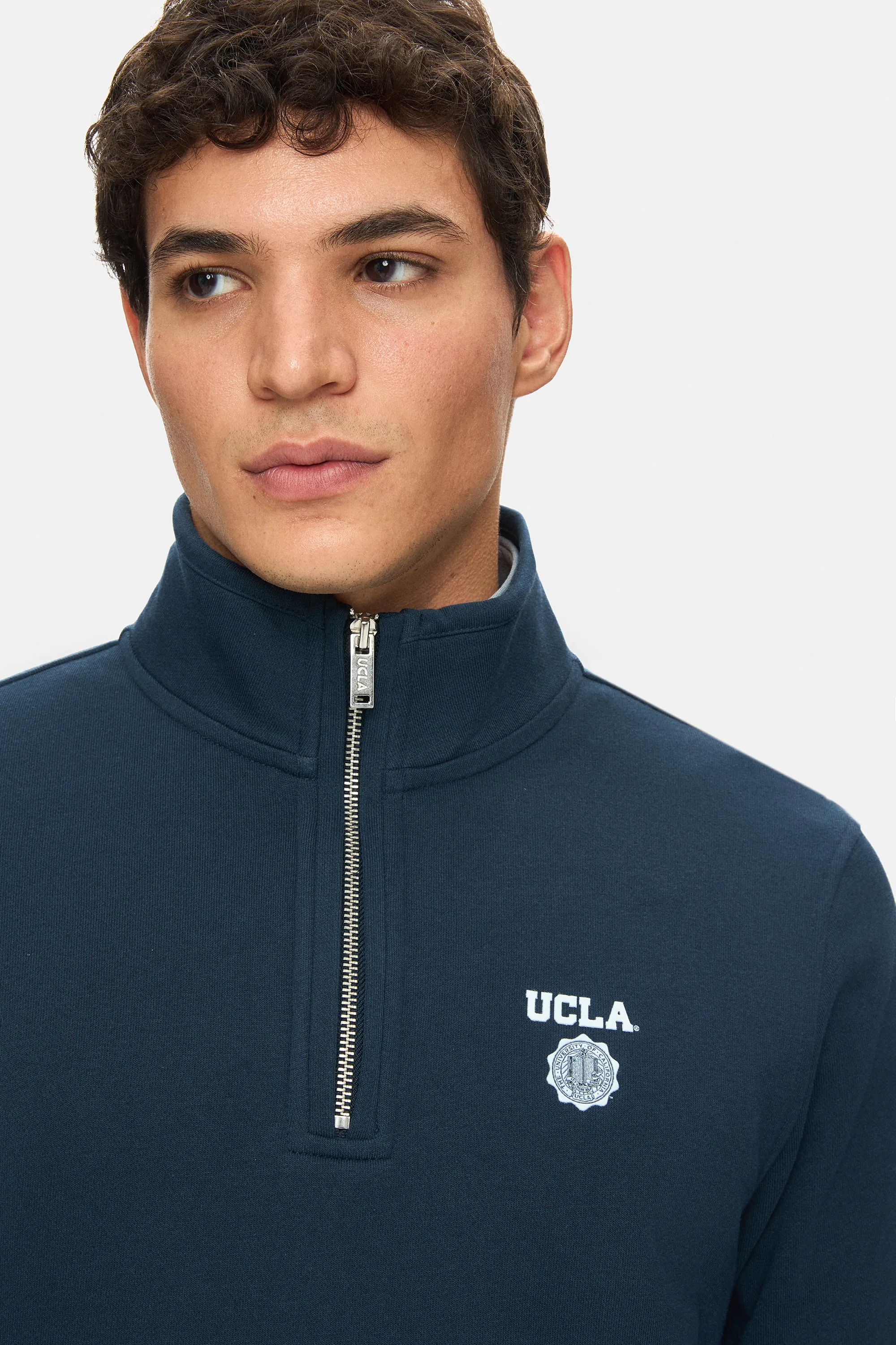 LEON Lacivert Yarım Fermuar Baskılı Dik Yaka Standard Fit Erkek Sweatshirt