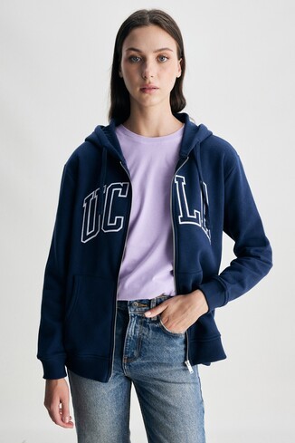 JOYCE Lacivert Kapüşonlu Ve Fermuarlı Aplikeli Şardonlu Standard Fit Kadın Sweatshirt