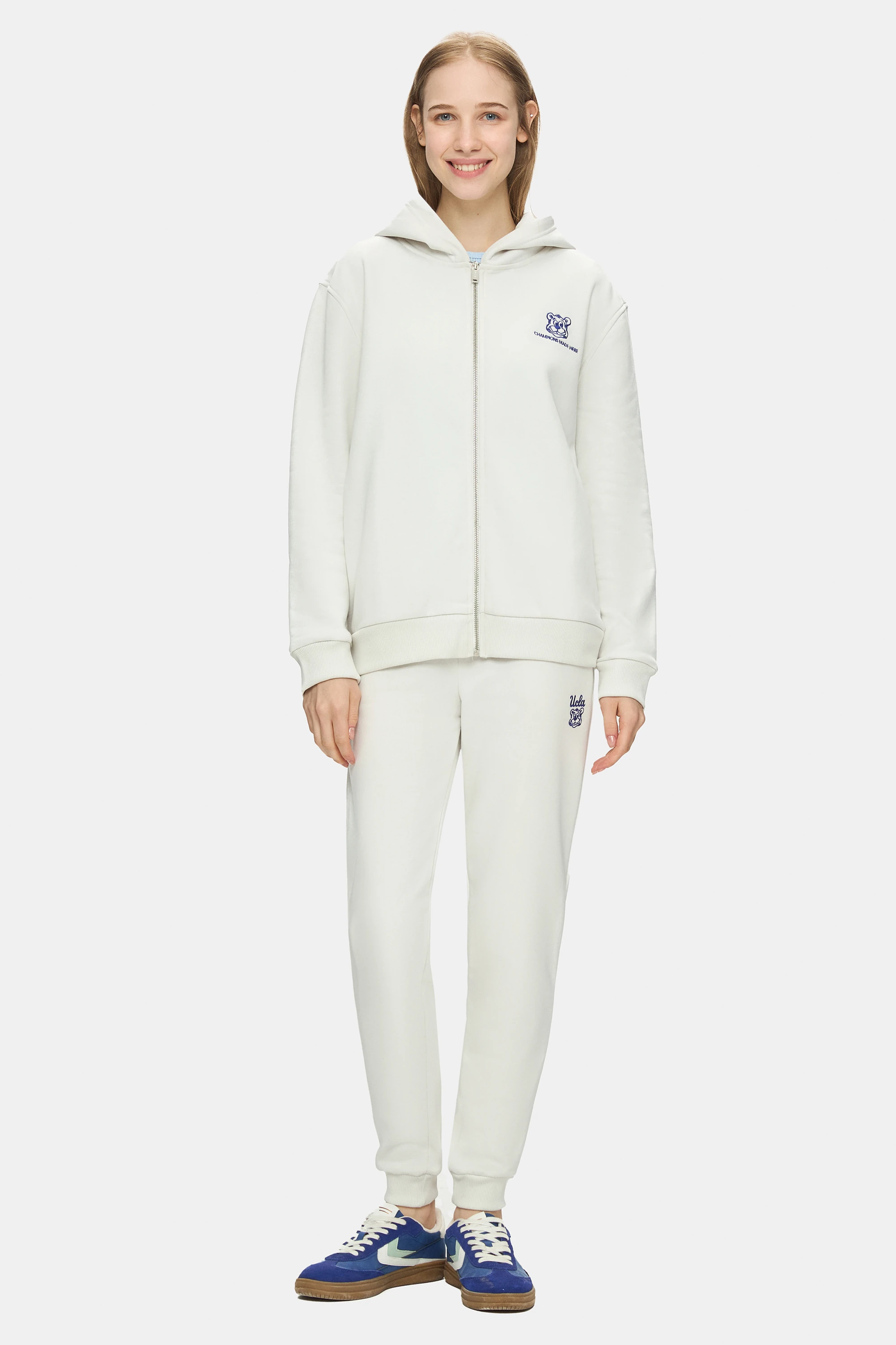 ESTHER Kemik Rengi Fermuarlı ve Cepli Şardonlu Nakışlı Loose Fit Kadın Sweatshirt