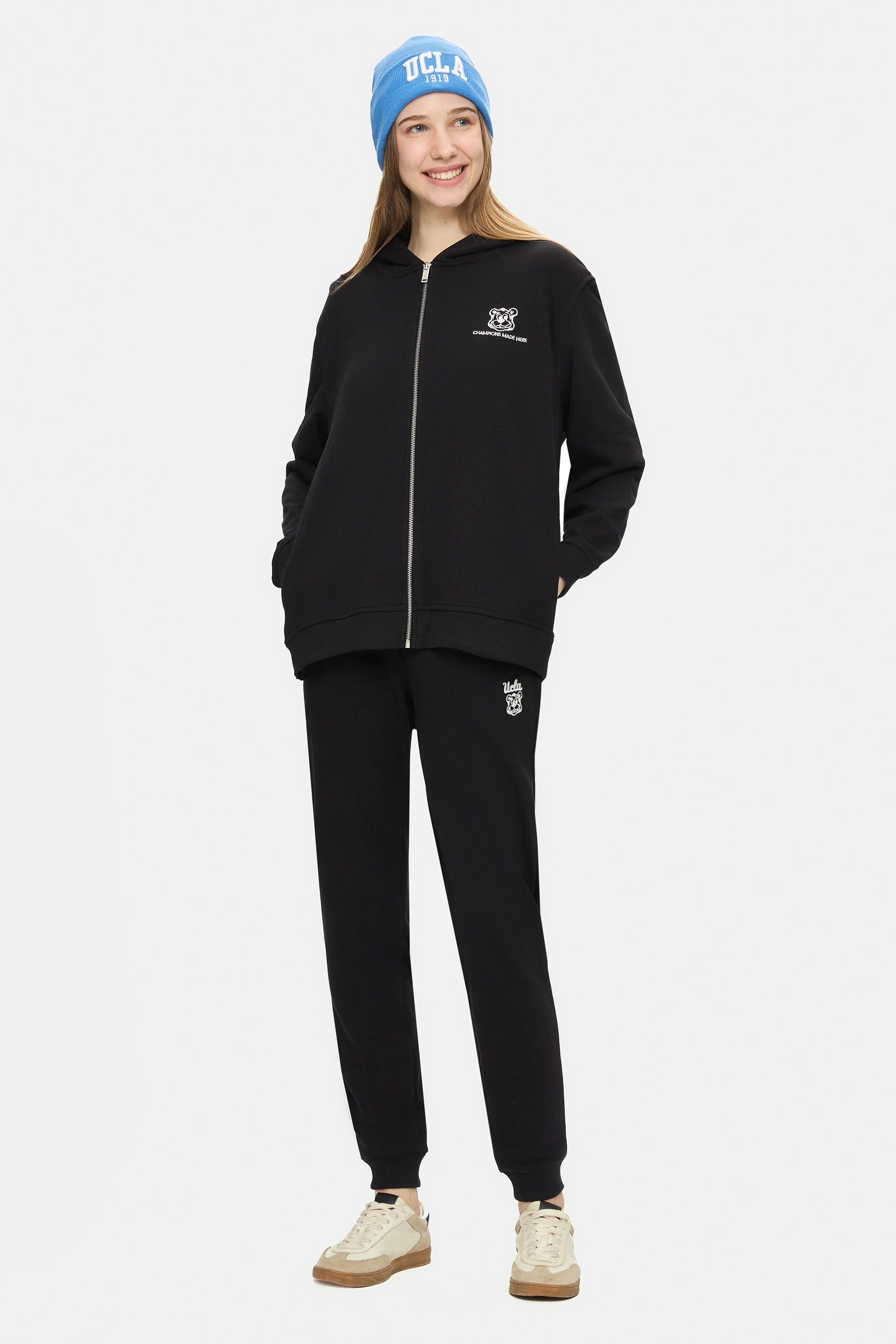 ESTHER Siyah Fermuarlı ve Cepli Nakışlı Loose Fit Kadın Sweatshirt