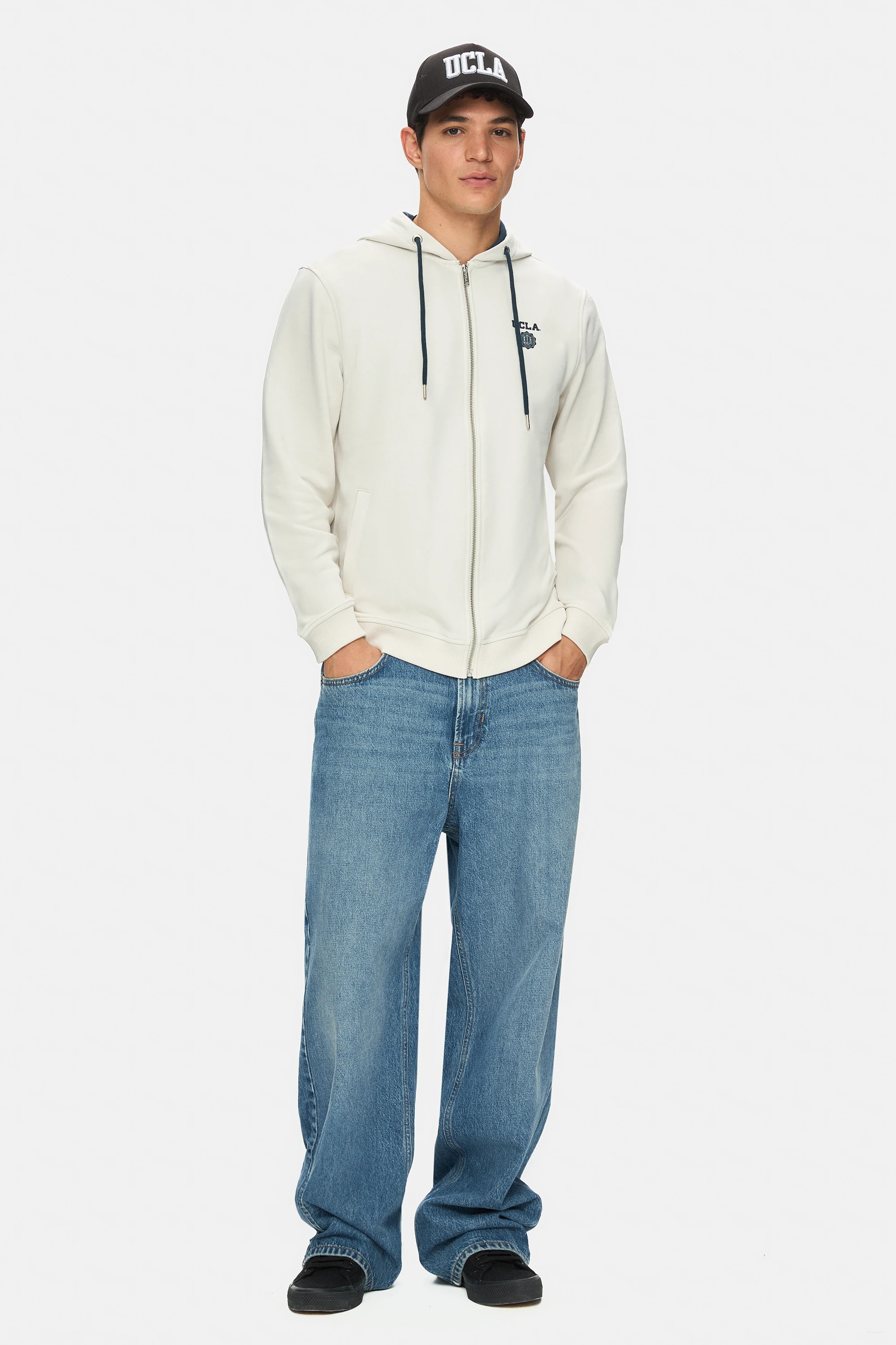 HILGARD Kemik Rengi Kapüşonlu Ve Fermuarlı Baskılı Standard Fit Erkek Sweatshirt