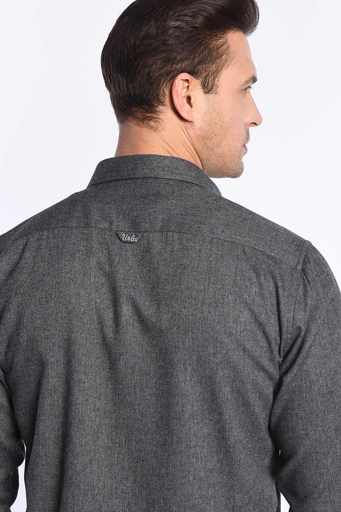 MENDO Koyu Gri Nakışlı Standard Fit Erkek Gömlek