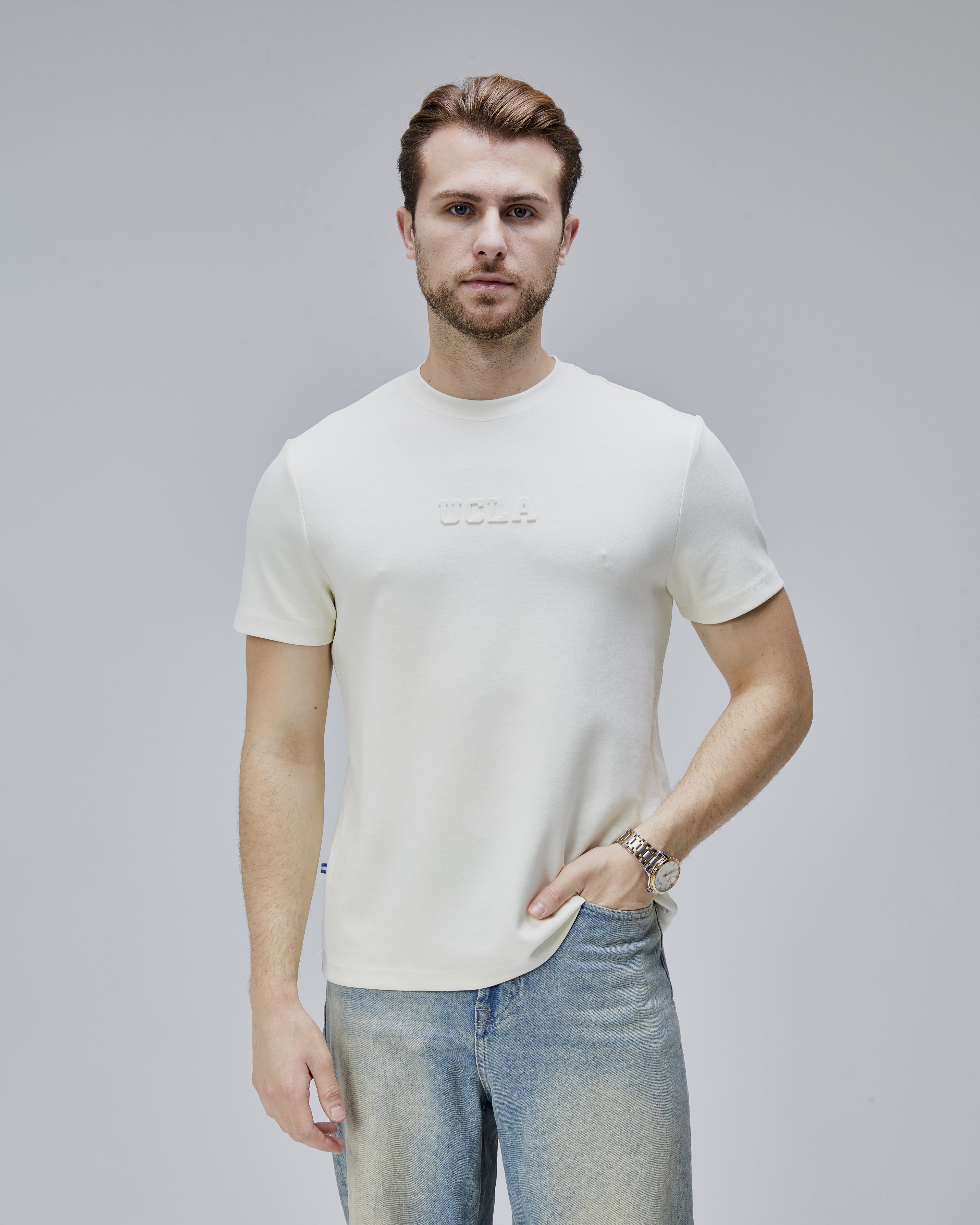 CANARY Kemik Rengi Bisiklet Yaka Gofre Baskılı Modal Kumaş Standard Fit Erkek Tshirt