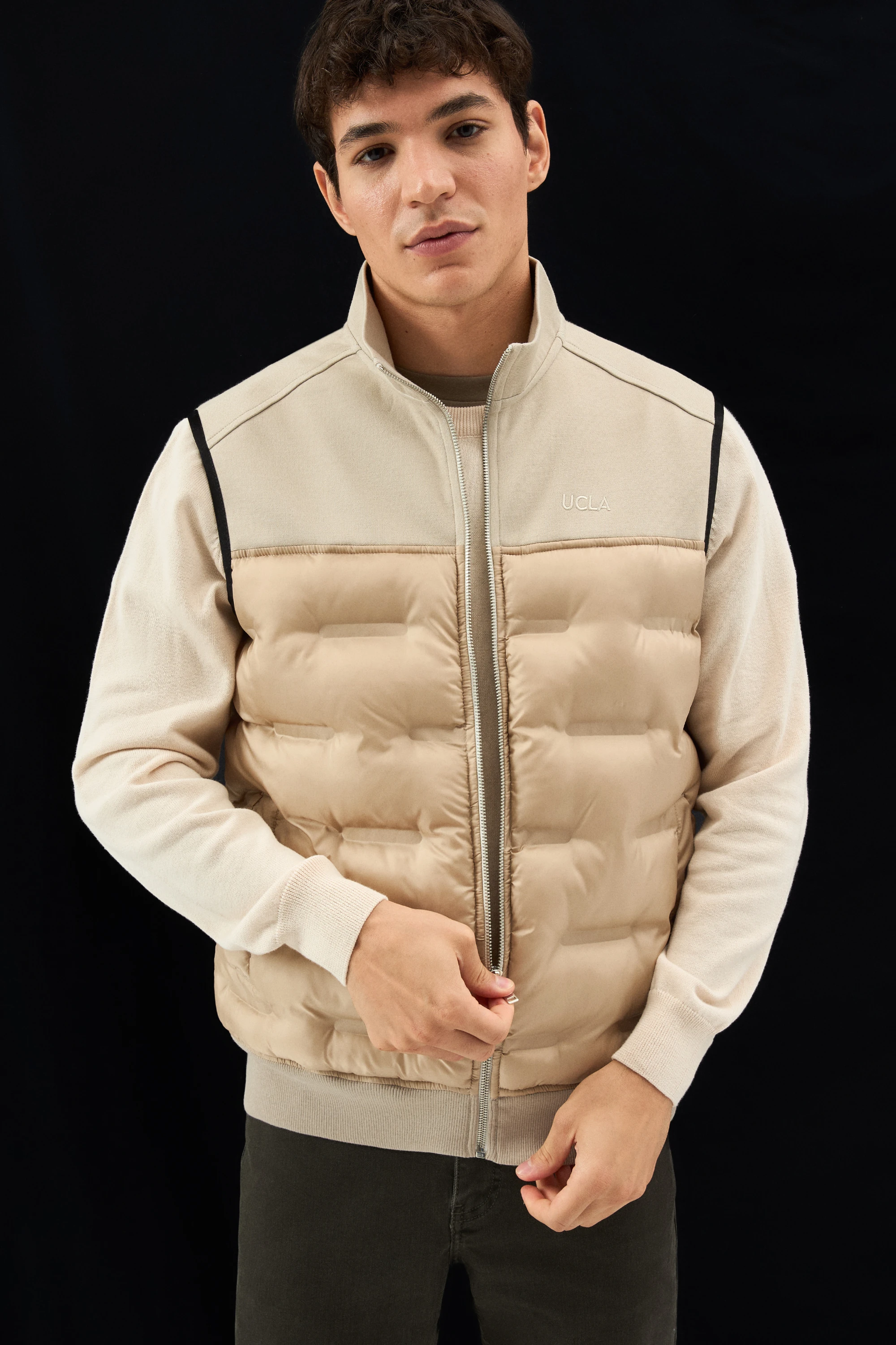 MATHIAS Koyu Bej Fermuarlı ve Cepli Scuba Kumaş Standard Fit Erkek Yelek