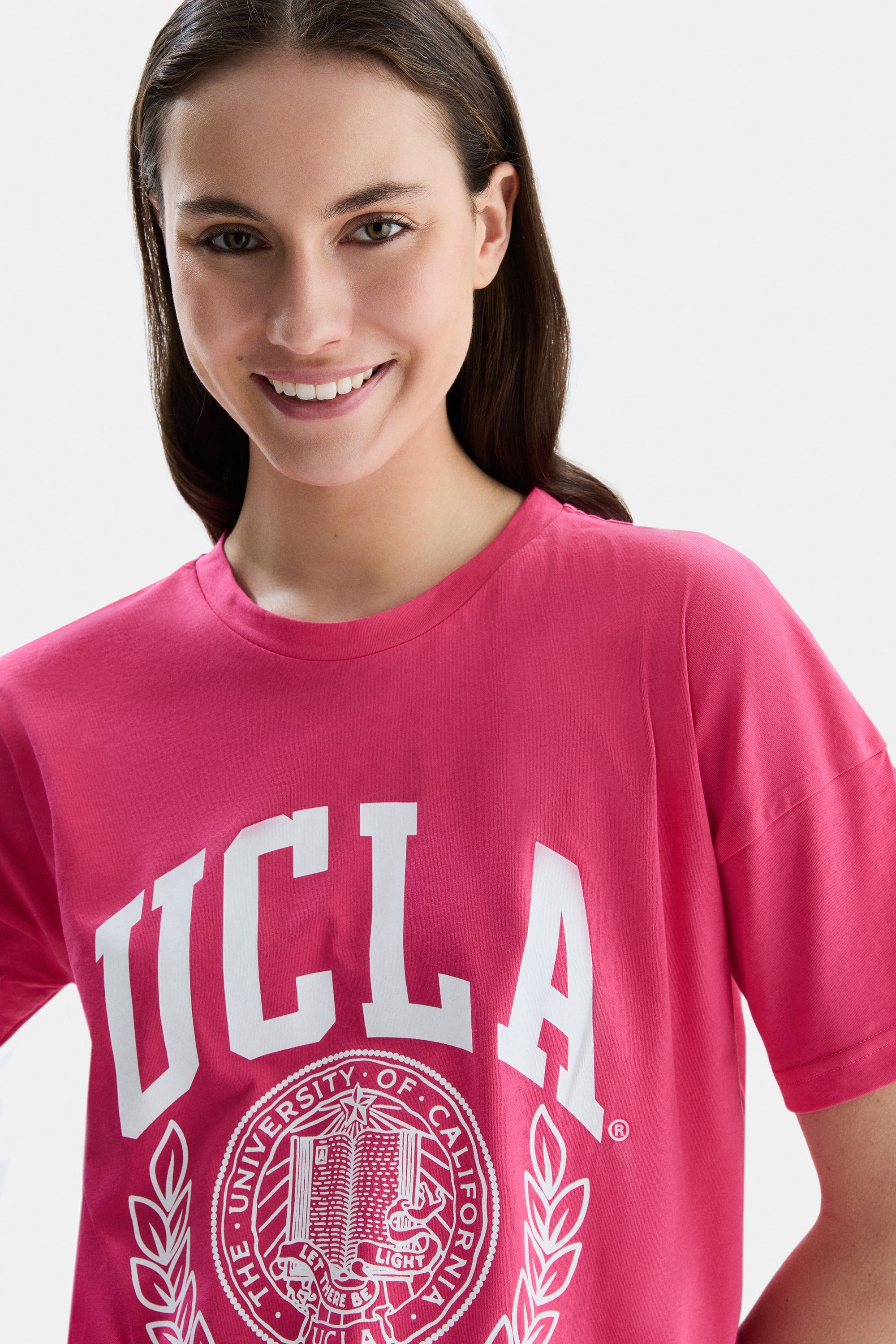 AVALON Pembe Bisiklet Yaka Baskılı Oversize Kadın Tshirt