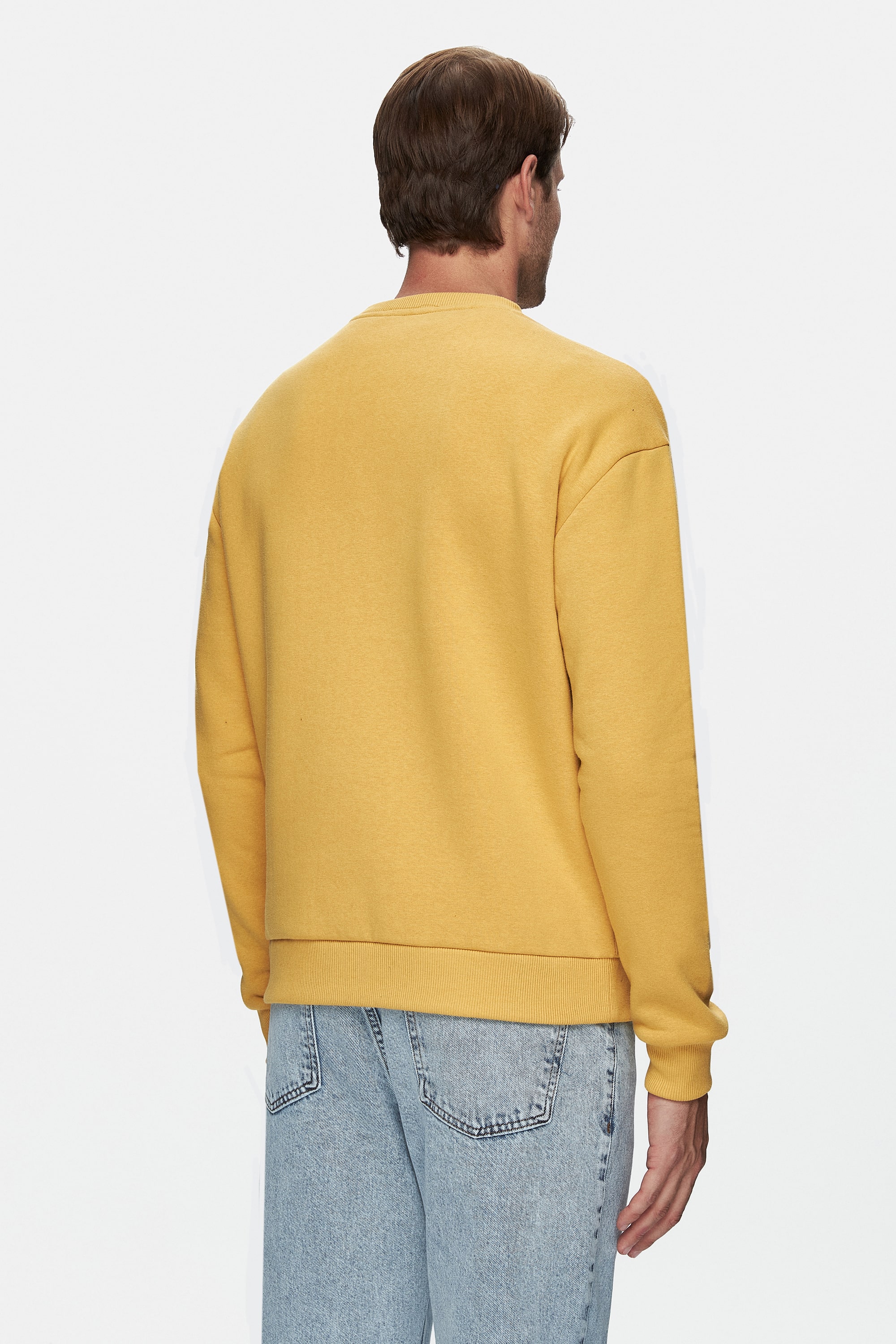 SANDHILL Sarı Bisiklet Yaka Nakışlı Şardonlu Loose Fit Erkek Sweatshirt