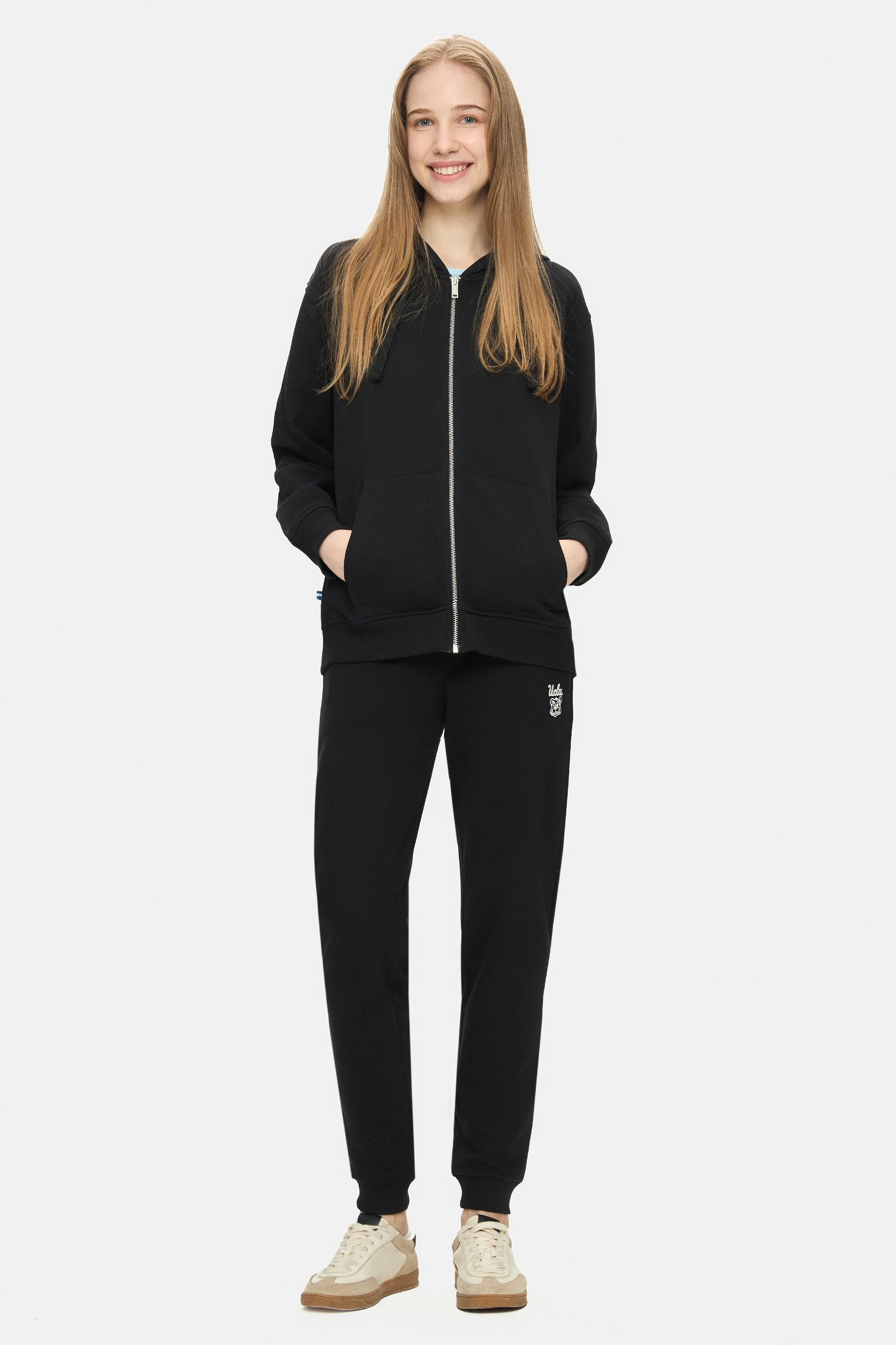 VIVIANA Siyah Kapüşonlu Nakışlı Fermuarlı Standard Fit Kadın Sweatshirt