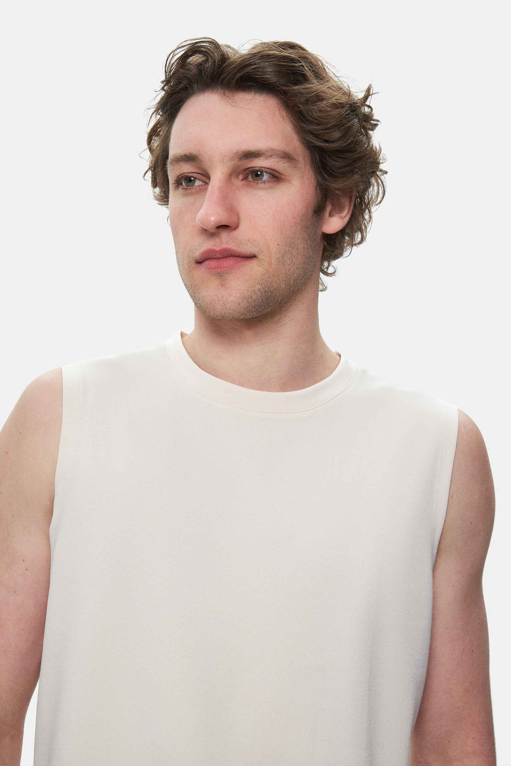 BODHI Kemik Rengi Bisiklet Yaka Sıfır Kol Baskılı Modal Kumaş Oversize Erkek Tshirt