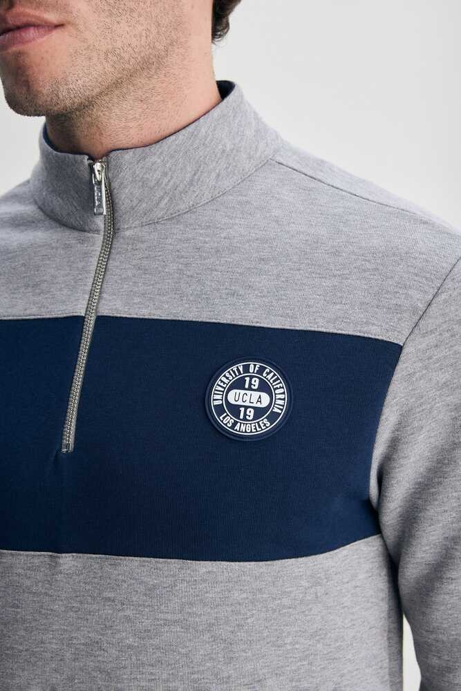 KHAL Gri Yarım Fermuarlı Kauçuklu Şardonlu Dik Yaka Standard Fit Erkek Sweatshirt