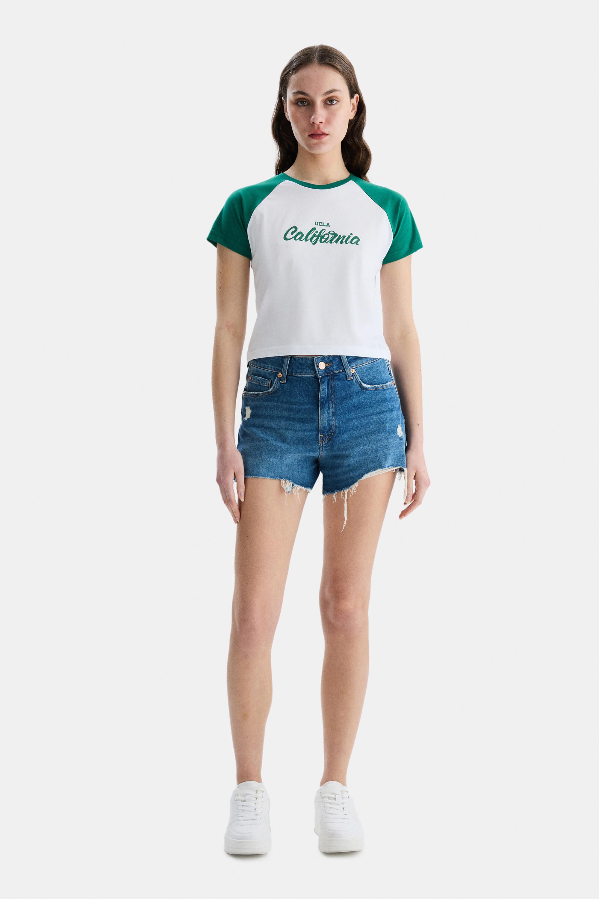 CAROLINA Yeşil Bisiklet Yaka Baskılı Standard Fit Kadın Tshirt