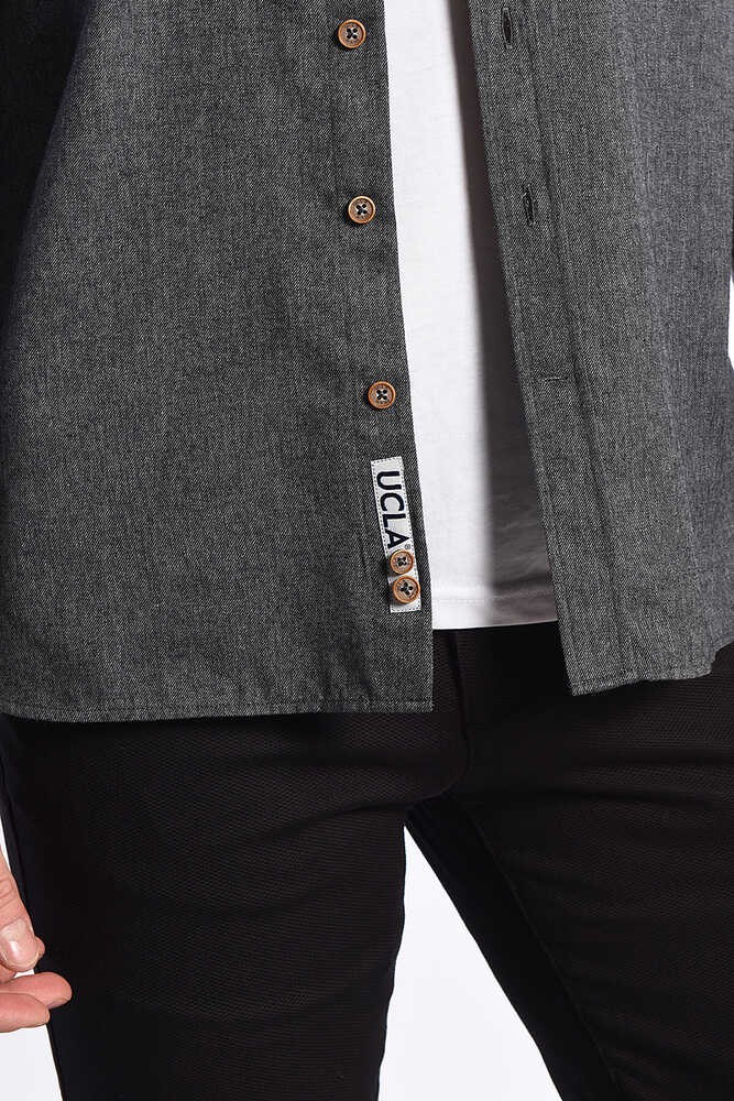 MENDO Koyu Gri Nakışlı Standard Fit Erkek Gömlek