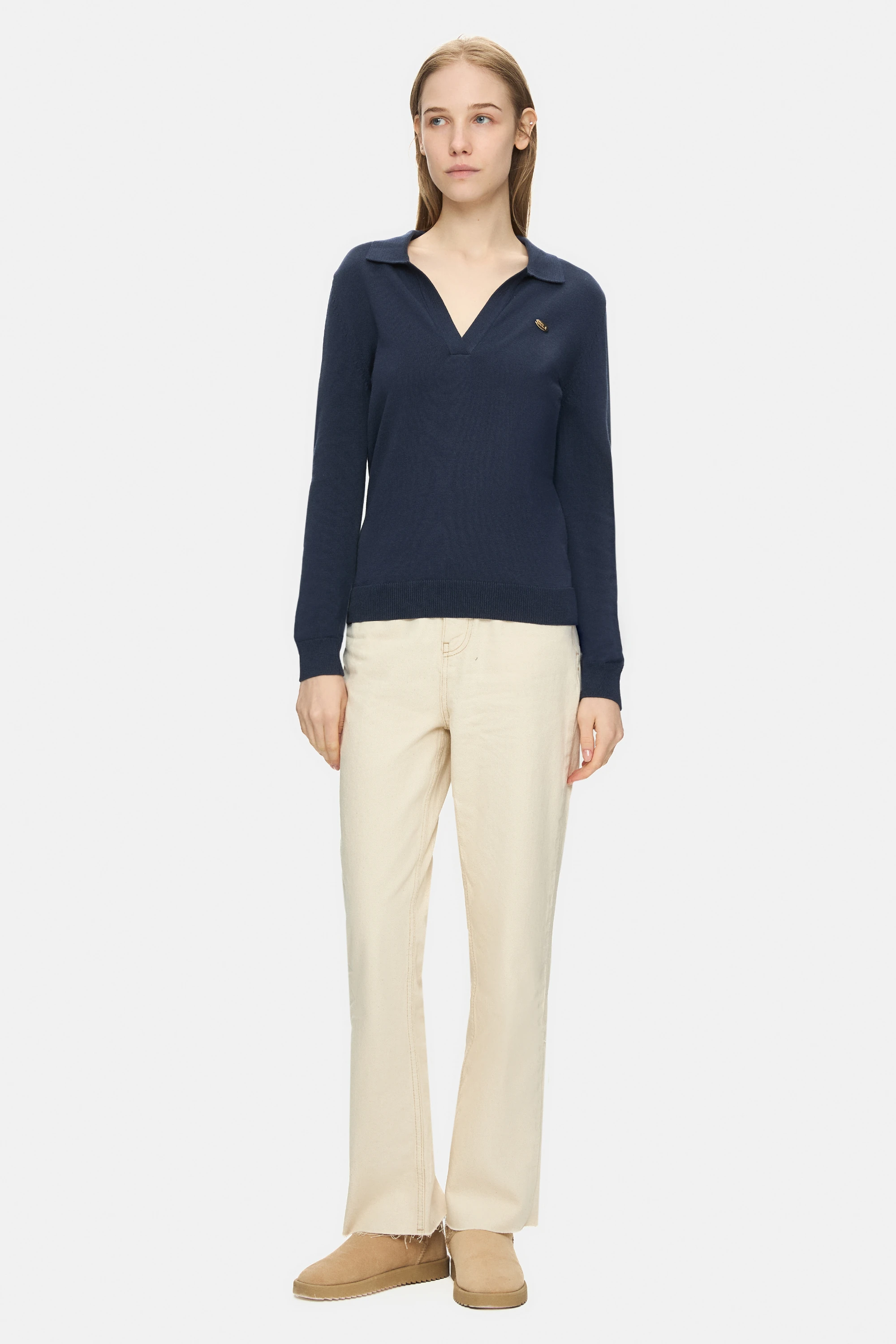 IRENE Lacivert Polo Yaka Triko Metal Logolu Standard Fit Kadın Triko