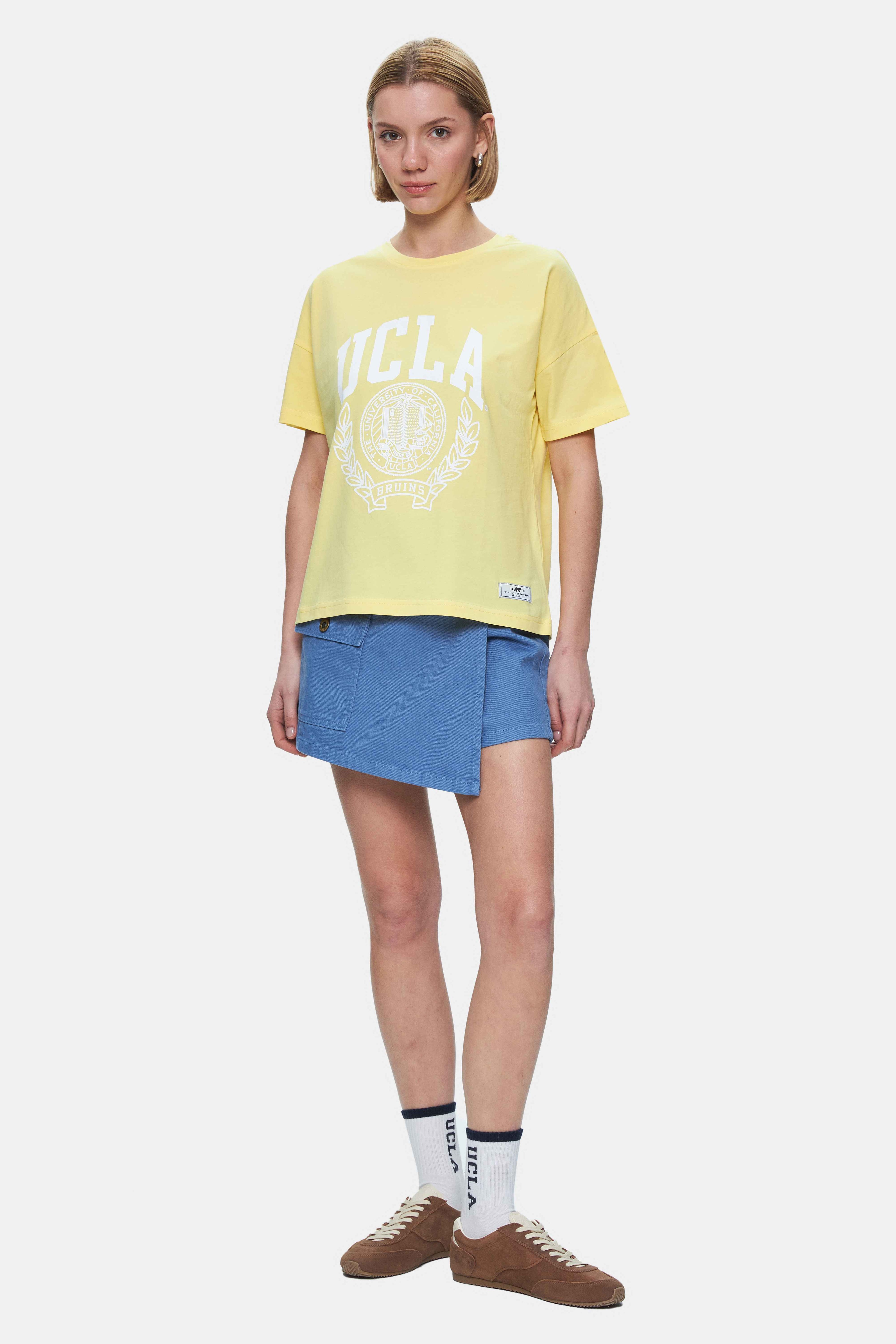 AVALON Açık Sarı Bisiklet Yaka Baskılı Oversize Kadın Tshirt