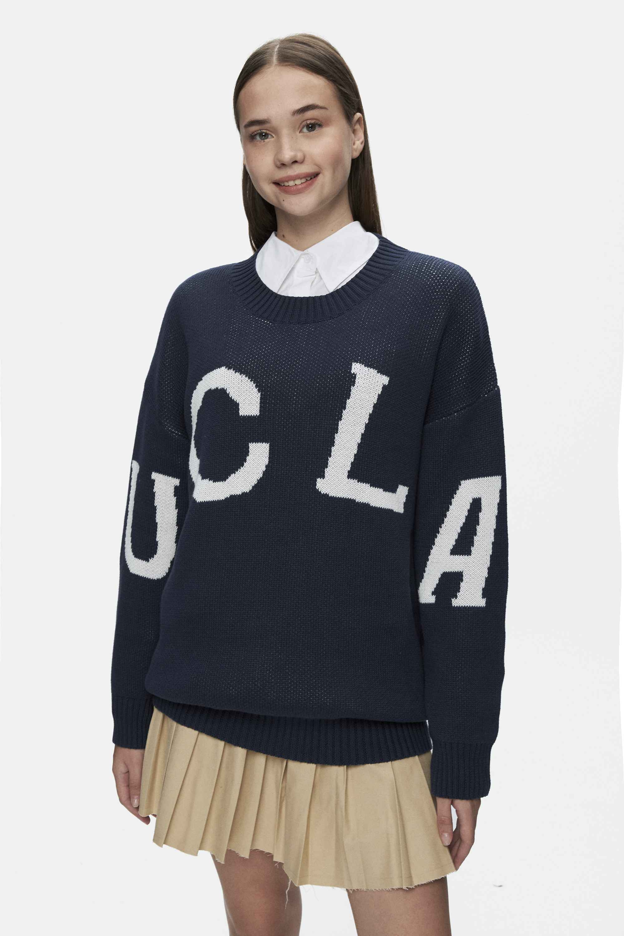 LIMAS Lacivert Bisiklet Yaka Jakarlı Oversize Kadın Triko