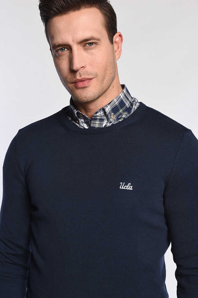 MENTO Koyu Lacivert Bisiklet Yaka Nakışlı Slim Fit Erkek Triko
