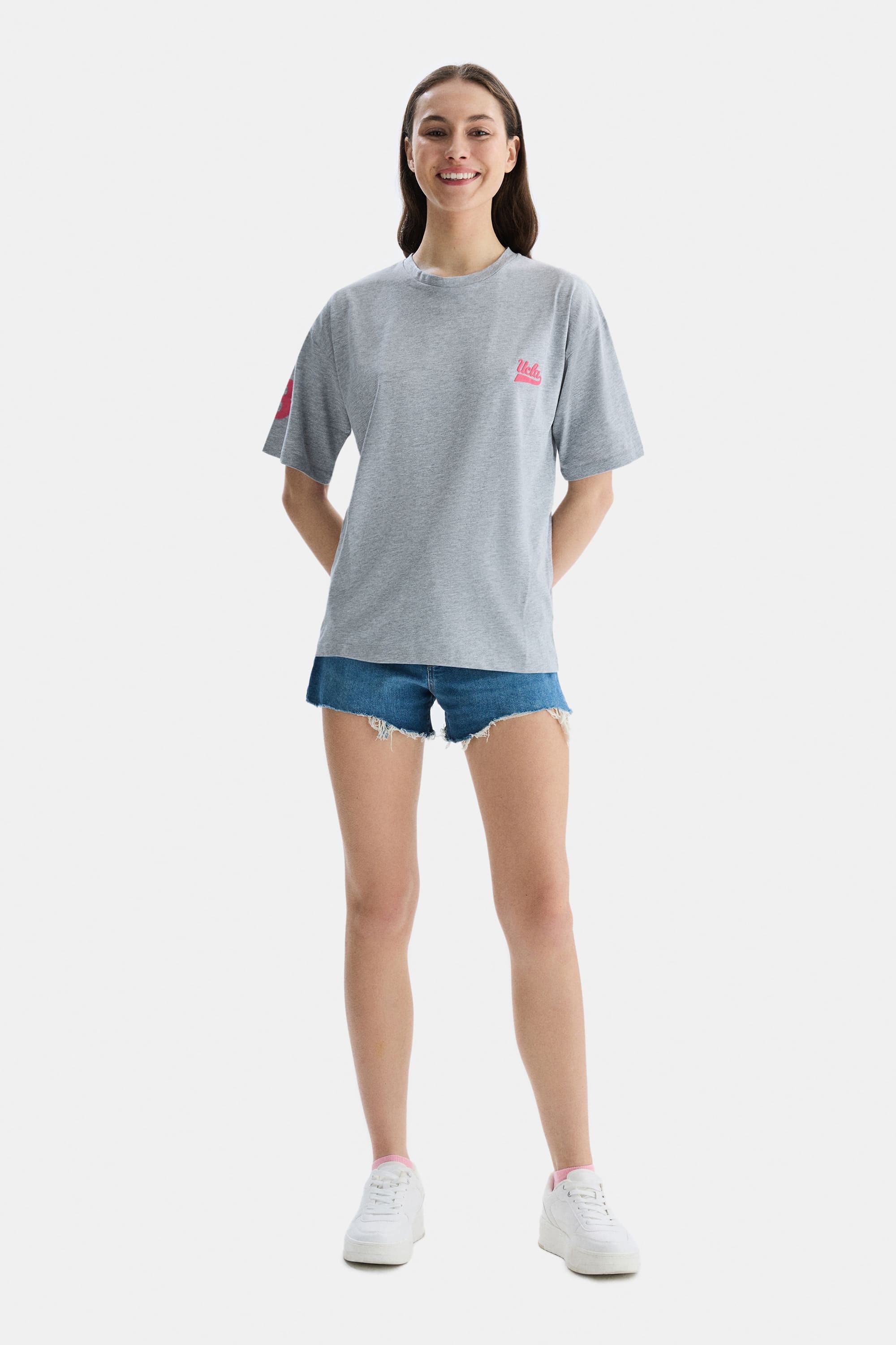 PARADISO Gri Bisiklet Yaka baskılı Oversize Kadın Tshirt