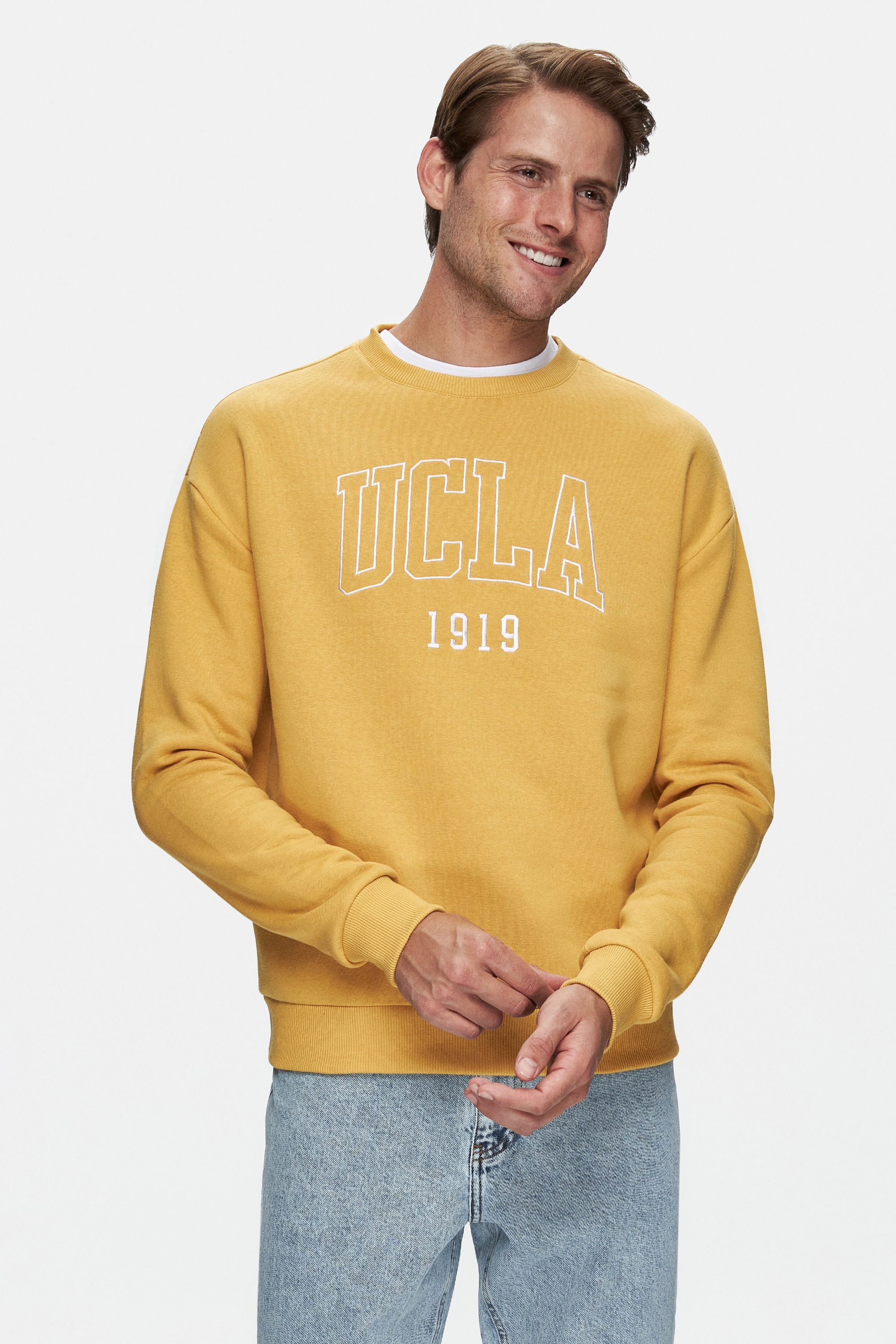 SANDHILL Sarı Bisiklet Yaka Nakışlı Şardonlu Loose Fit Erkek Sweatshirt