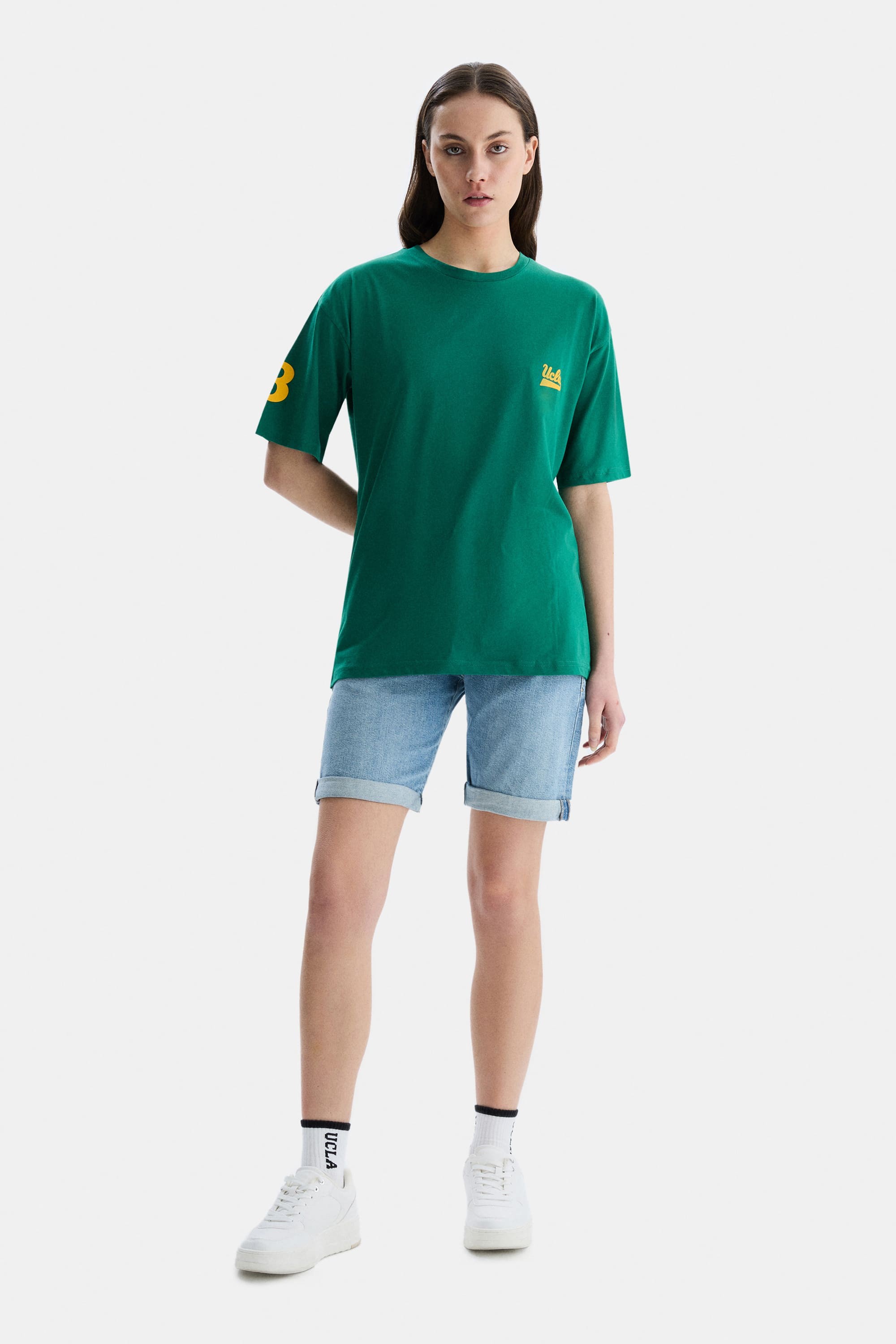 PARADISO Yeşil Bisiklet Yaka baskılı Oversize Kadın Tshirt