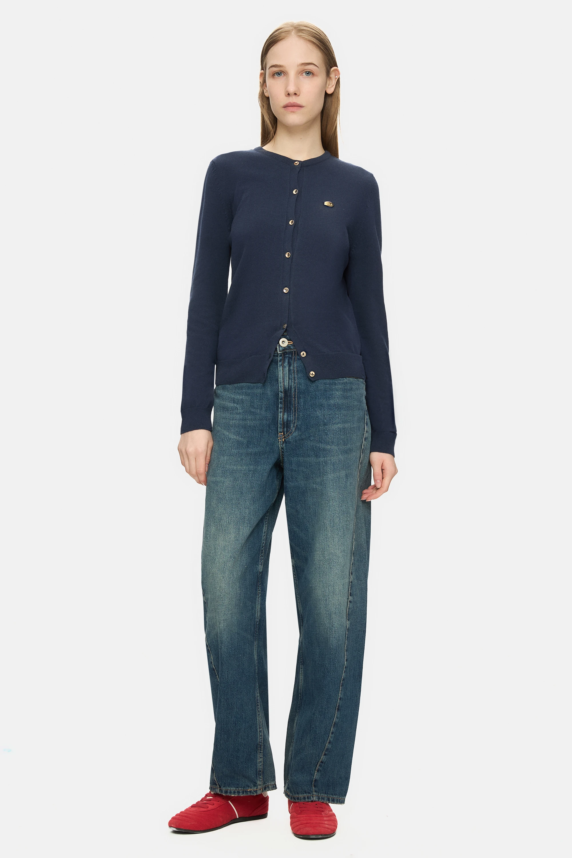 NOVA Lacivert Bisiklet Yaka Metal Logololu Standard Fit Kadın Hırka